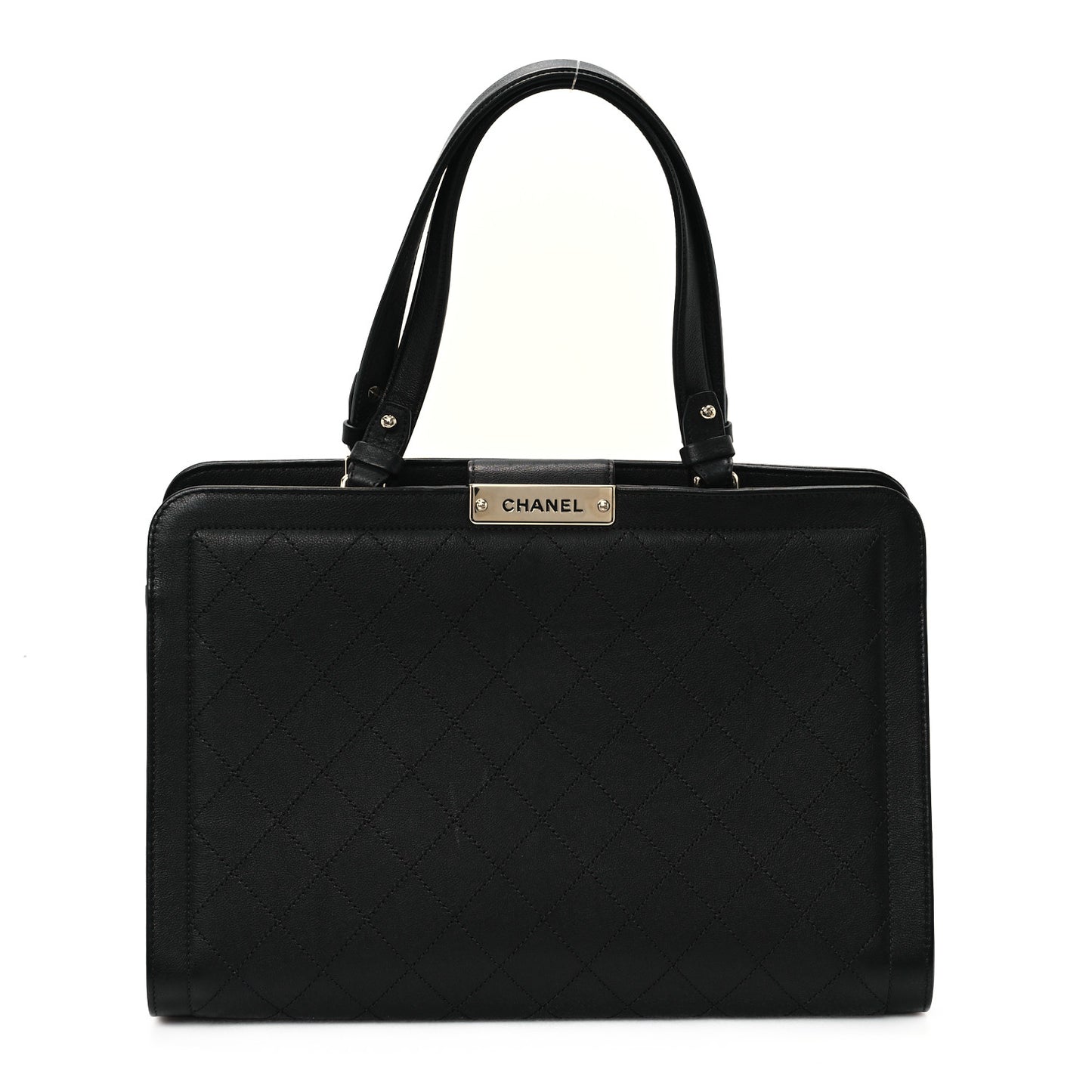 Grained Calfskin Stitched Large Label Click Shopper Tote Black