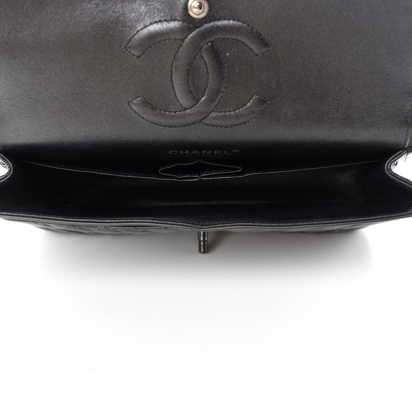 Metallic Patent Crumpled Calfskin Chevron Quilted Medium Double Flap So Black