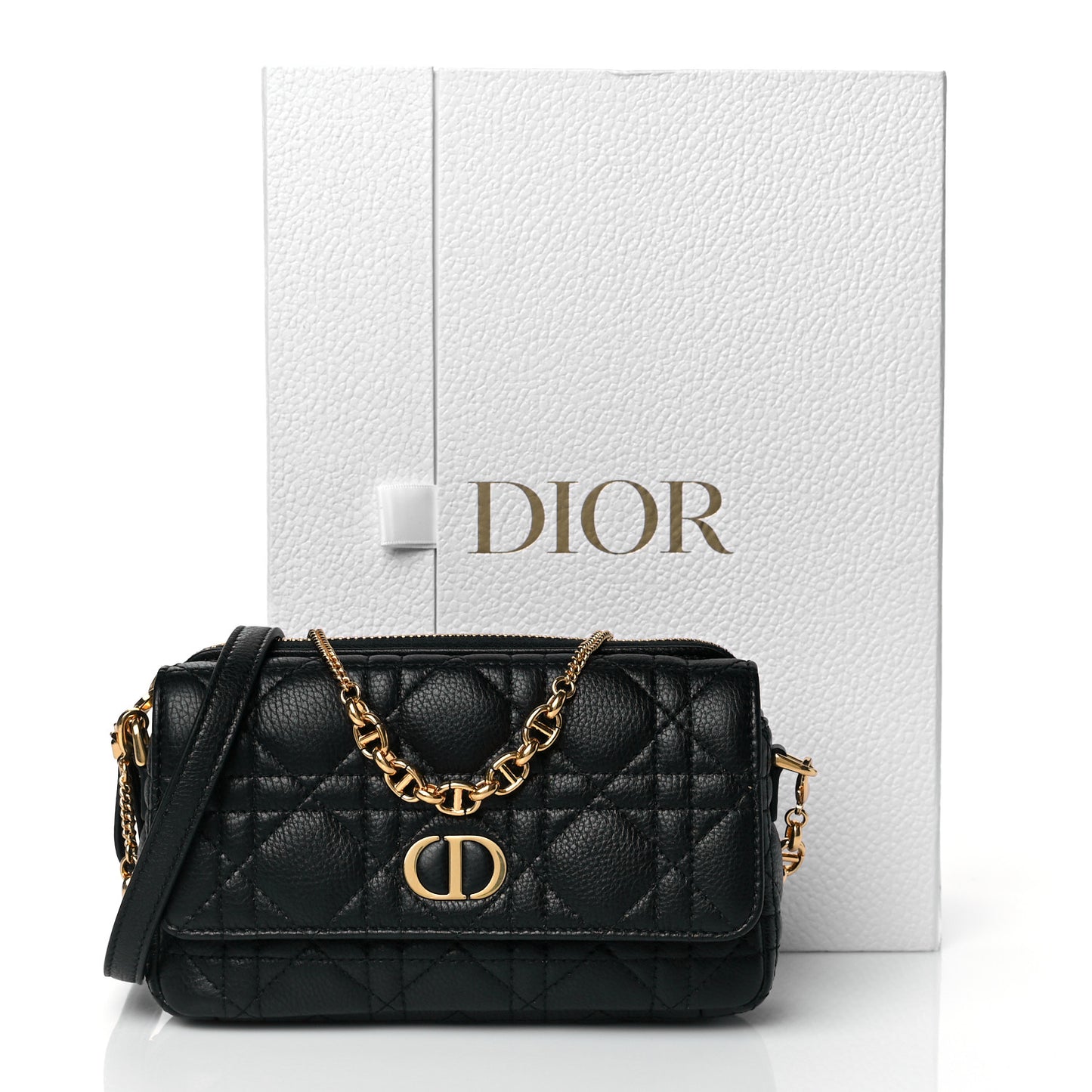 Supple Calfskin Cannage Caro Pouch with Chain Black