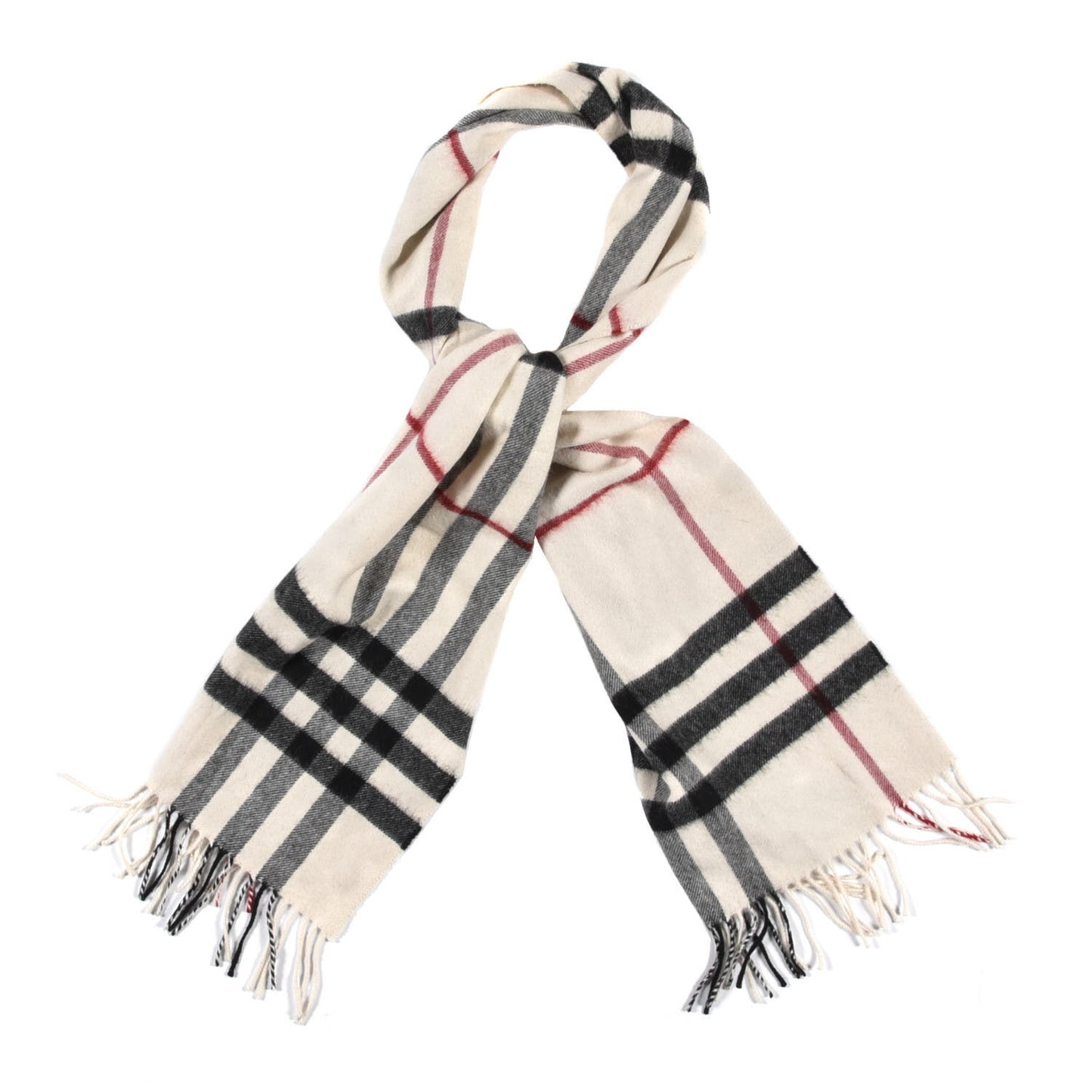 Cashmere Giant Check Fringe Scarf Ivory