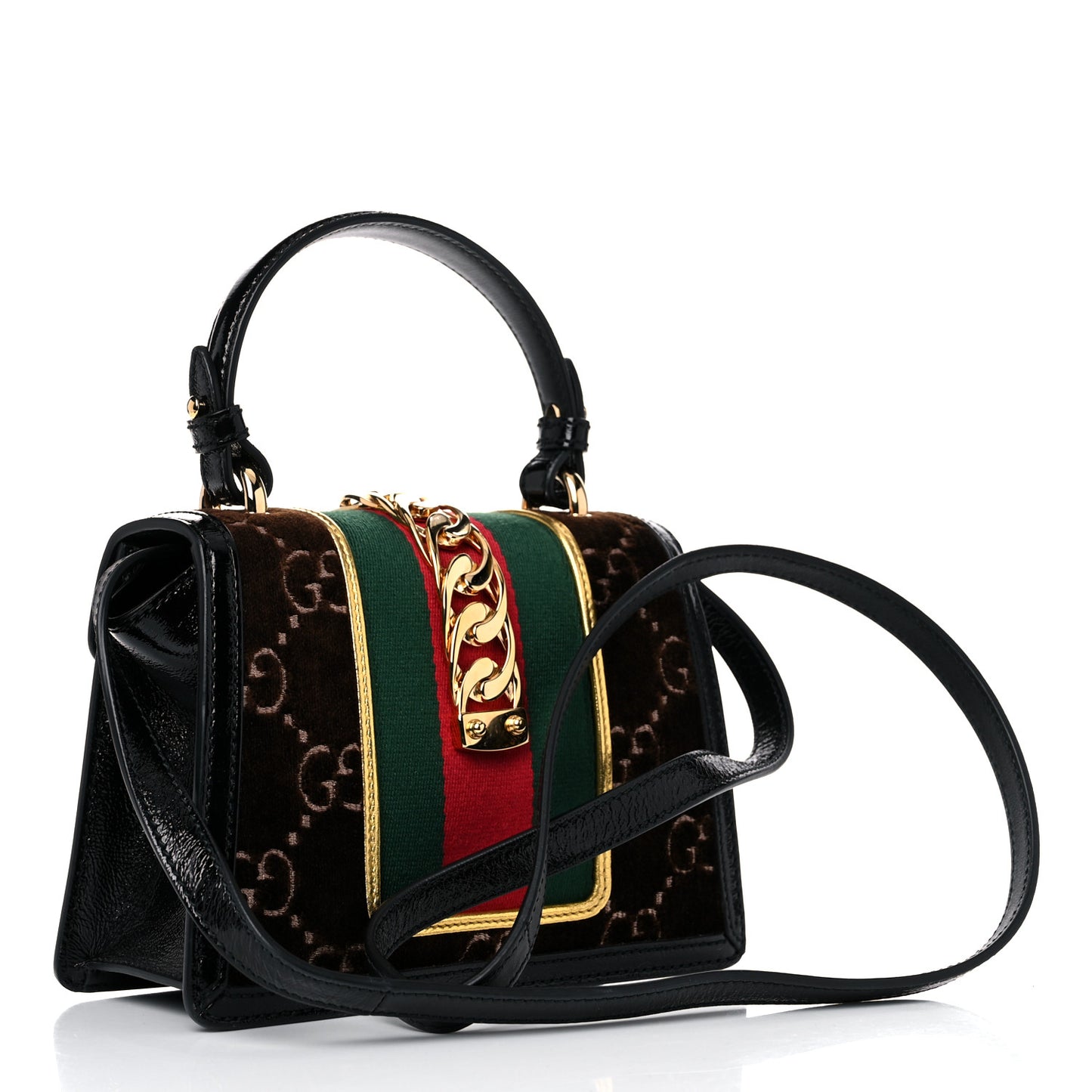 Velvet GG Monogram Web Mini Sylvie Top Handle Bag Brown Black Oro Vecchio