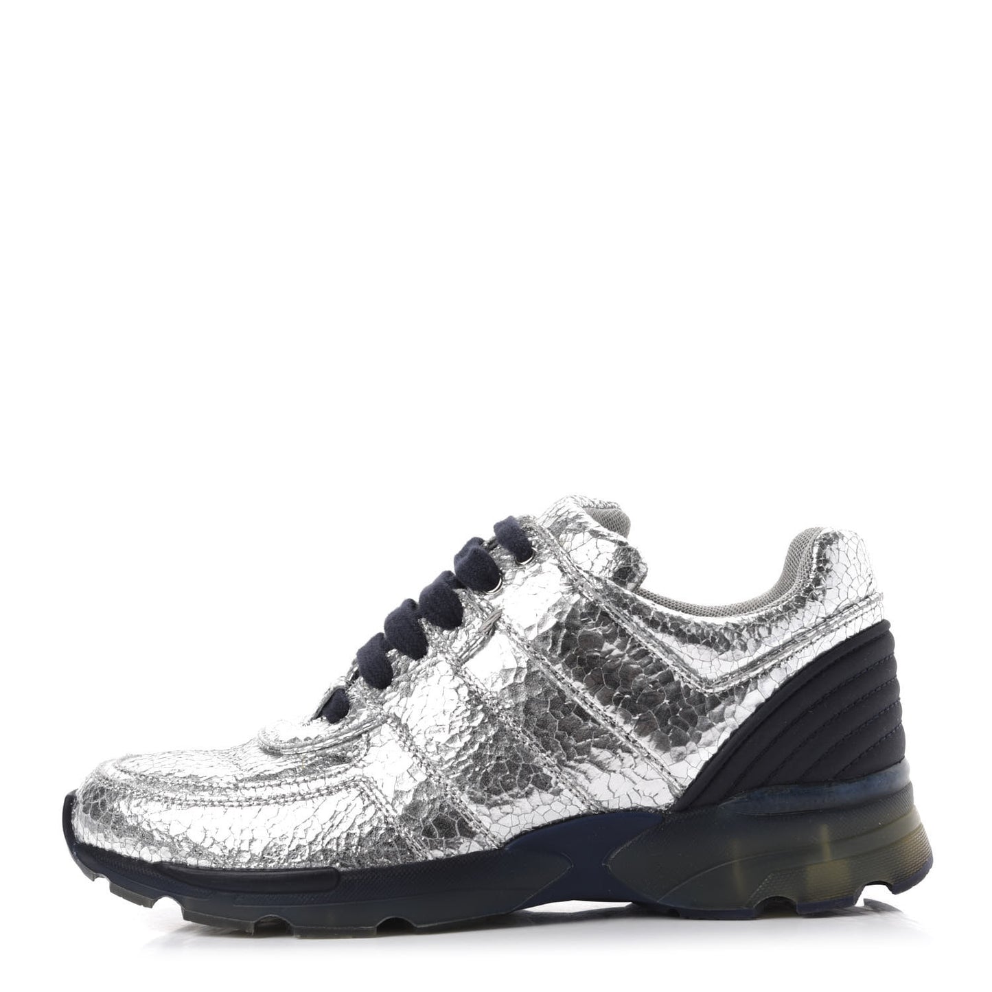 Metallic Crackled Calfskin CC Sneakers 36.5 Silver Black Navy