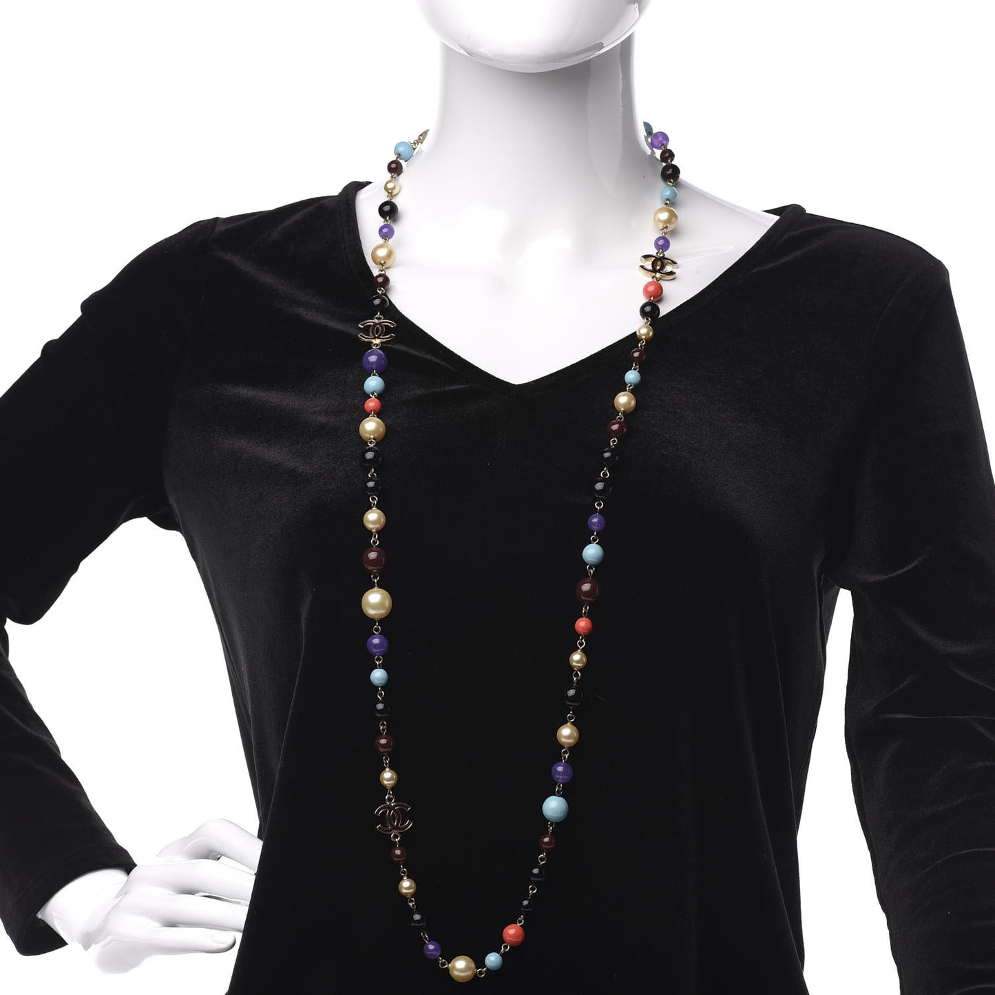 Pearl Beaded Enamel CC Long Necklace Gold Multicolor