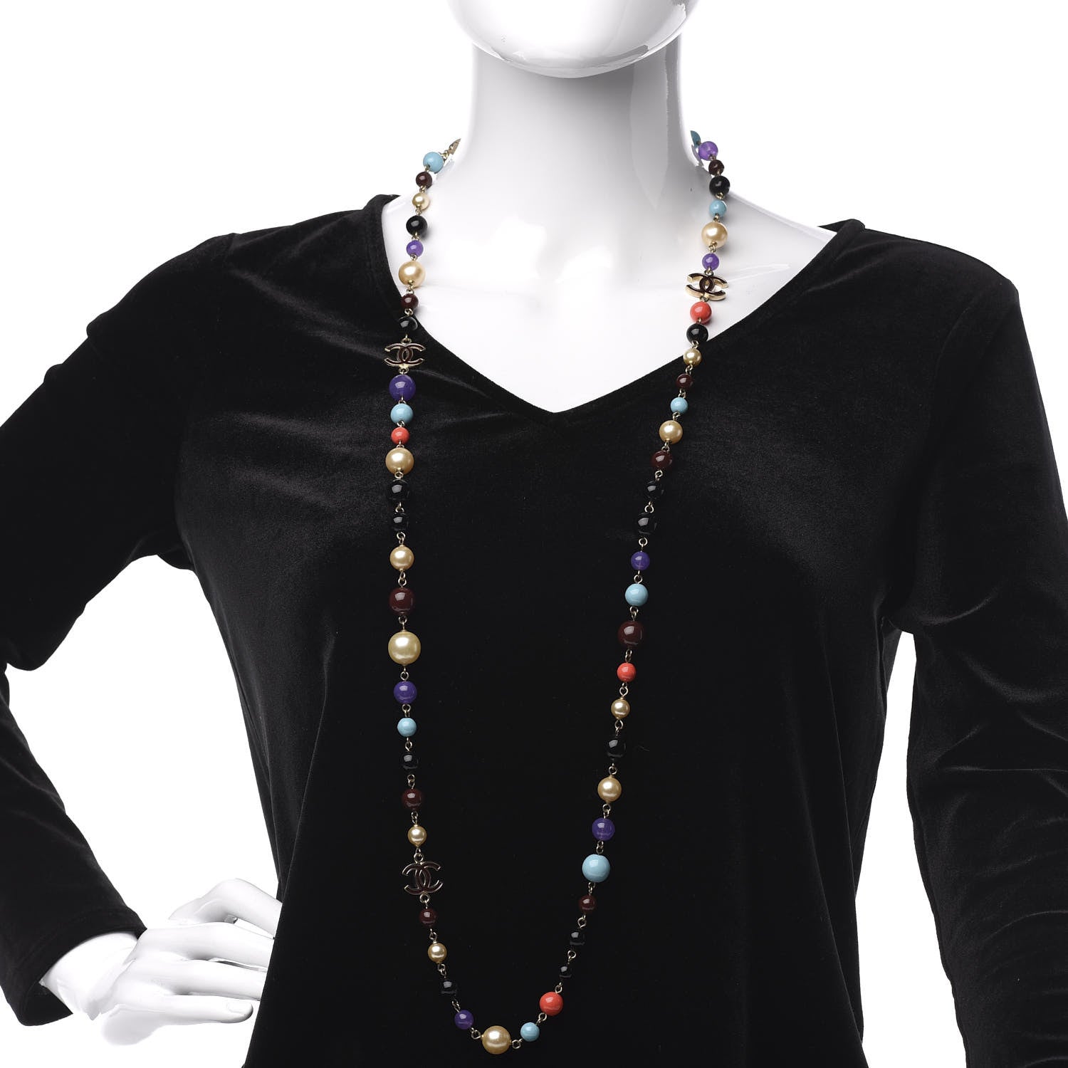 Chanel Pearl Beaded Enamel CC Long Necklace Gold Multicolor 2 of 5
