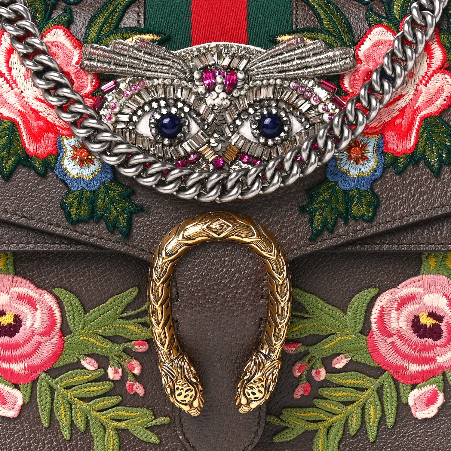 Gucci Calfskin Web Owl Embroidered Medium Dionysus Shoulder Bag New Acero Multicolor 8 of 12