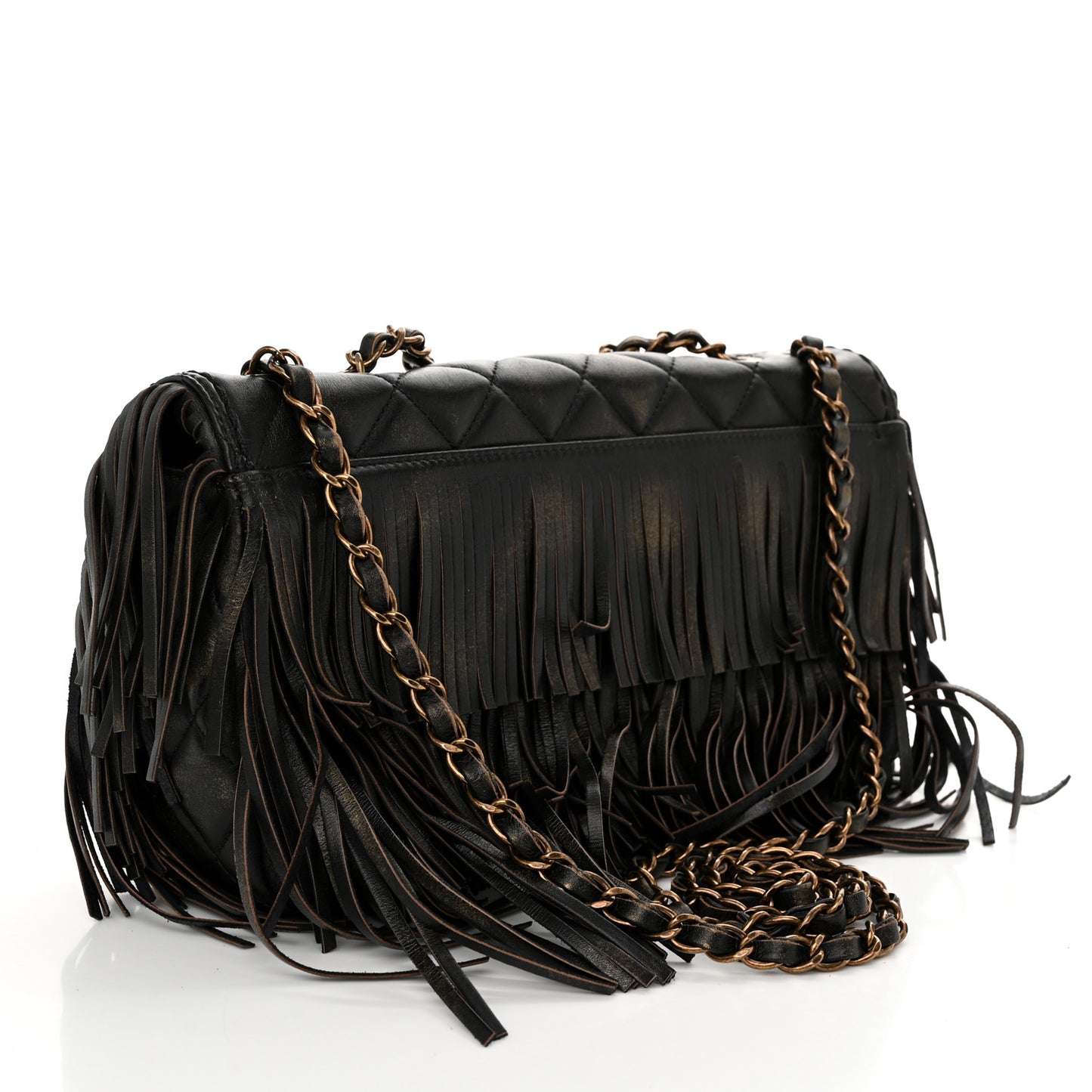 Metallic Calfskin Quilted Large Into The Fringe Flap Black