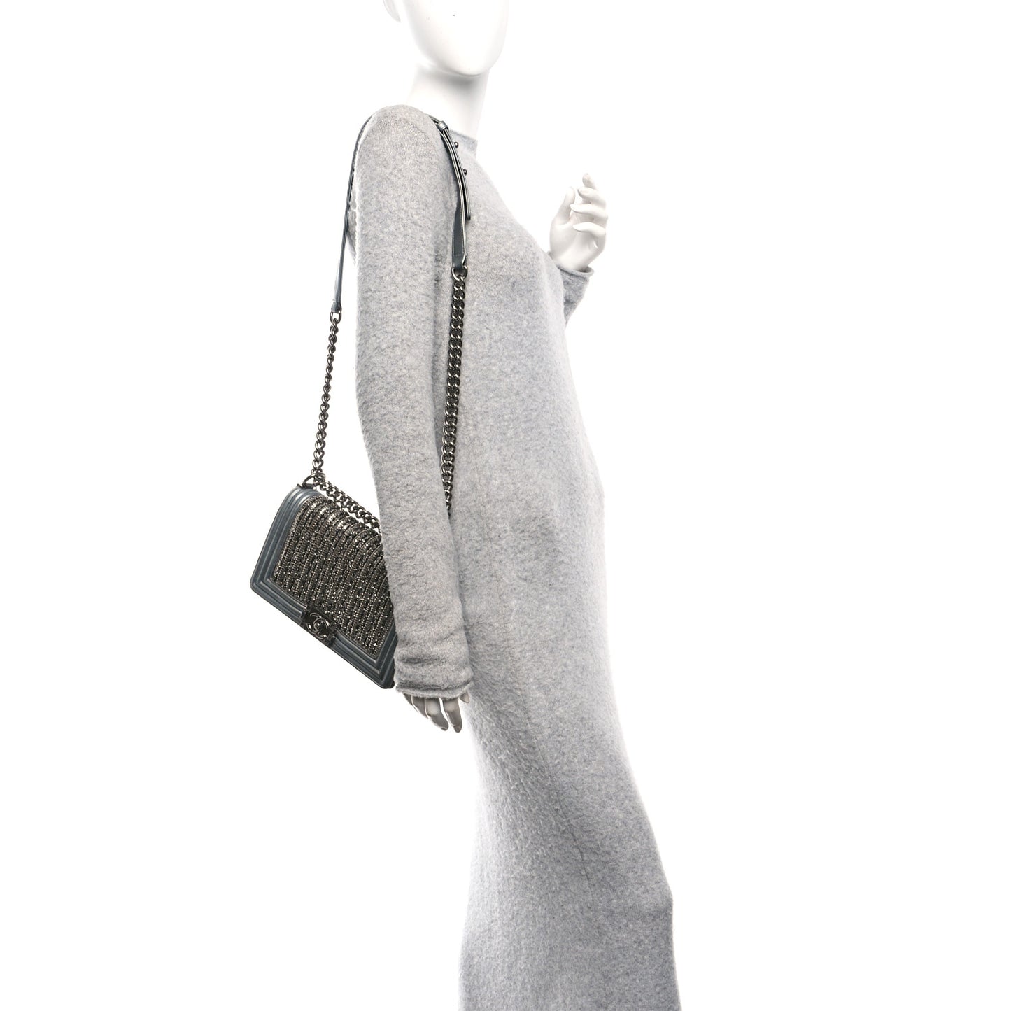 Metallic Lambskin Glass Pearl Embroidered Medium Boy Flap  Silver