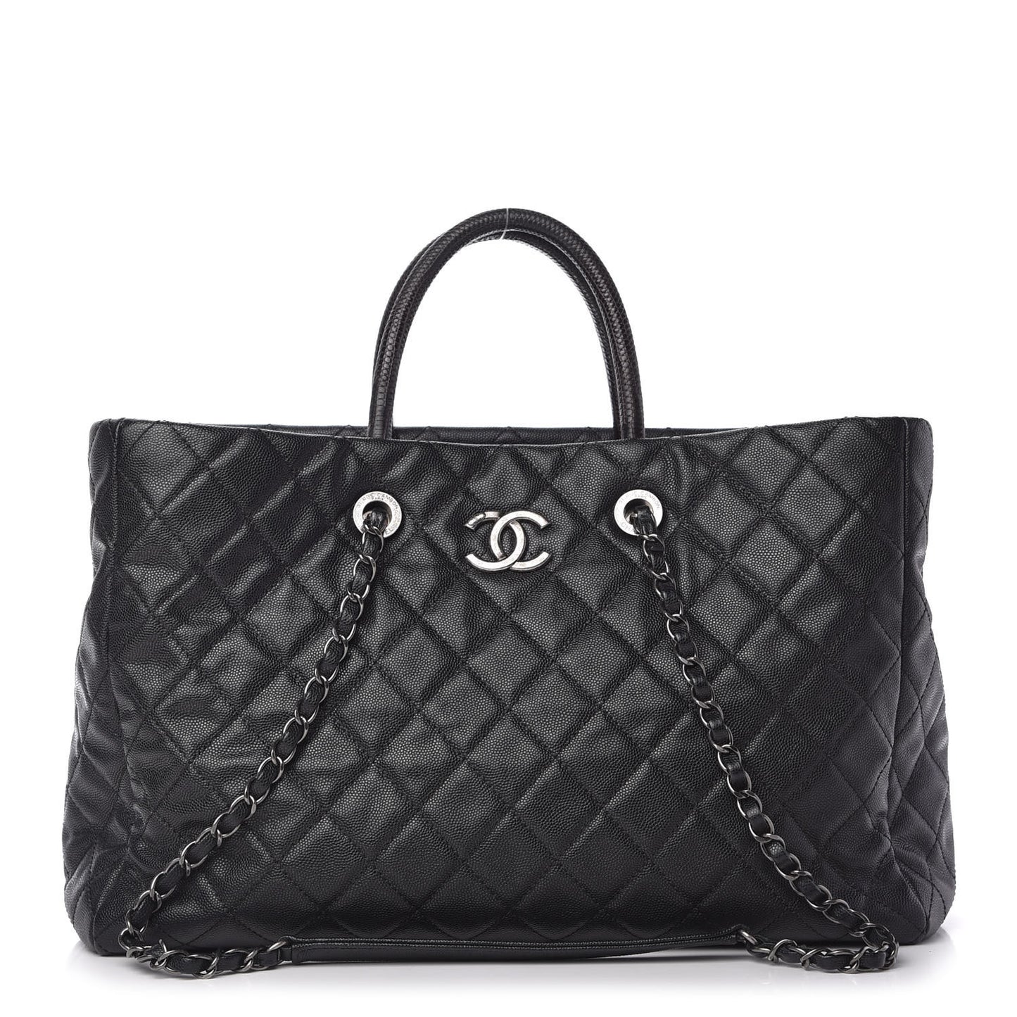 Caviar Lizard Quilted Large Coco Handle Shopping Tote Black
