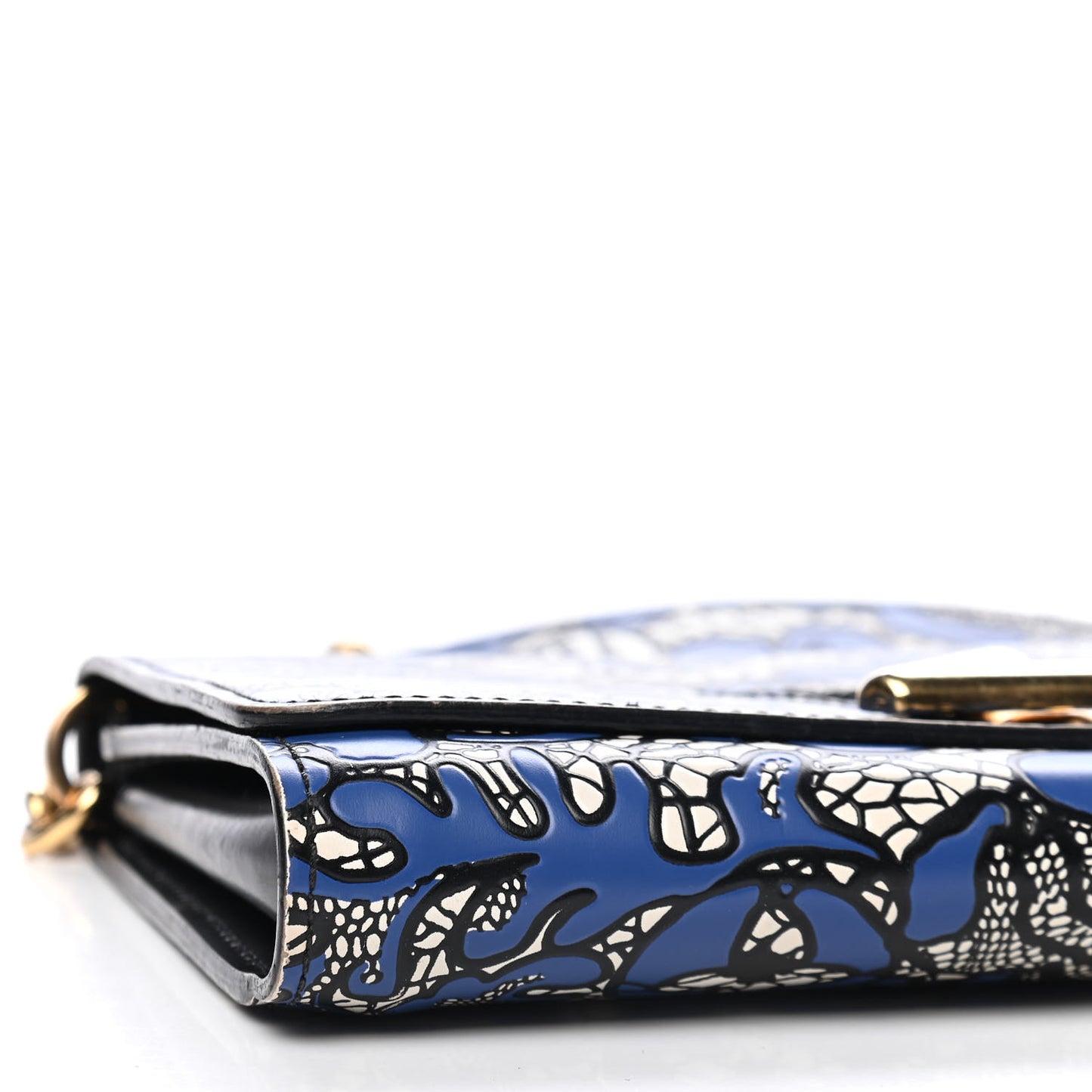 Calfskin Lace Flower Inlay Twist Chain Wallet Navy Black