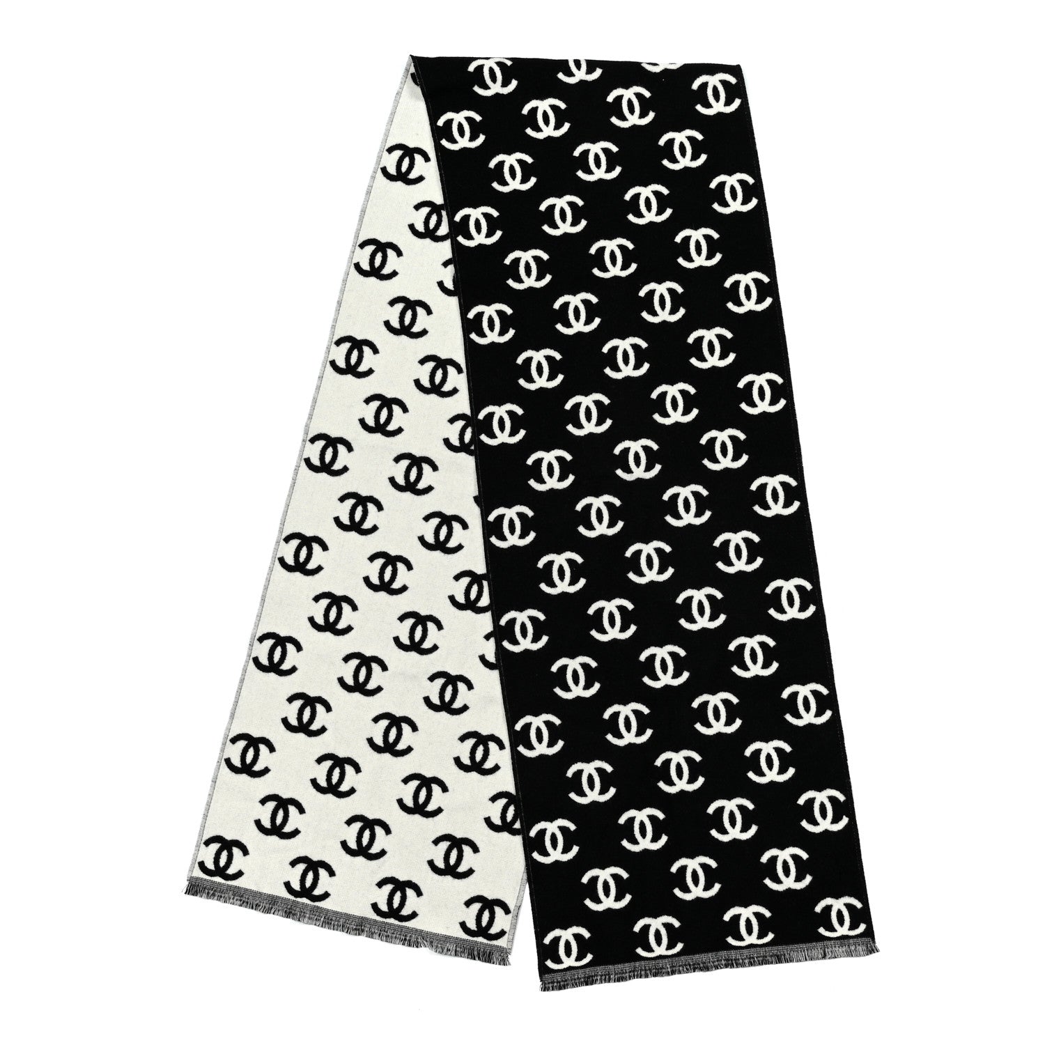 Chanel Wool Cashmere CC Scarf Black White 2 of 3