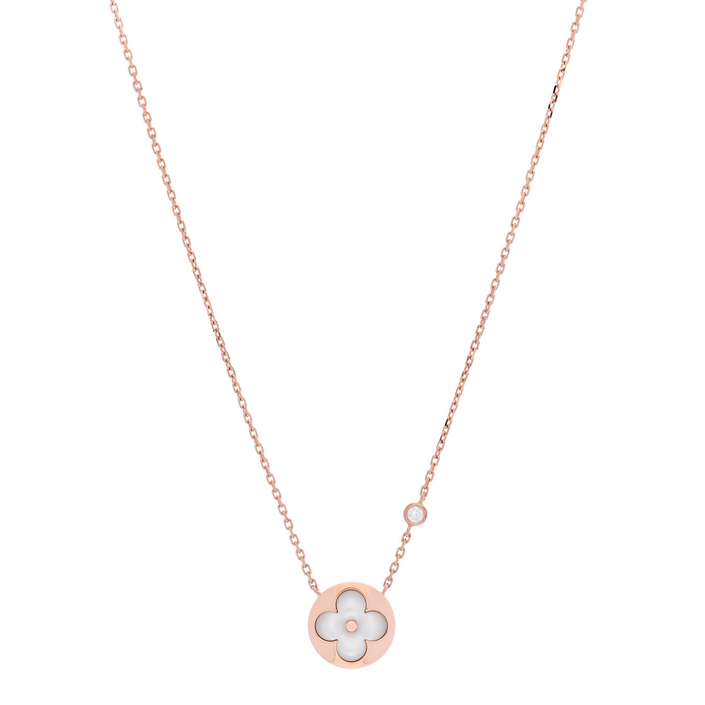 18K Pink Gold Diamond Mother of Pearl Color Blossom BB Sun Pendant Necklace