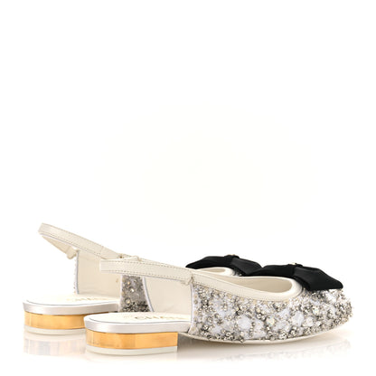 Chanel Satin Crystal Lambskin Grossgrain Bow CC Slingback Flats 39 White Black 5 of 11