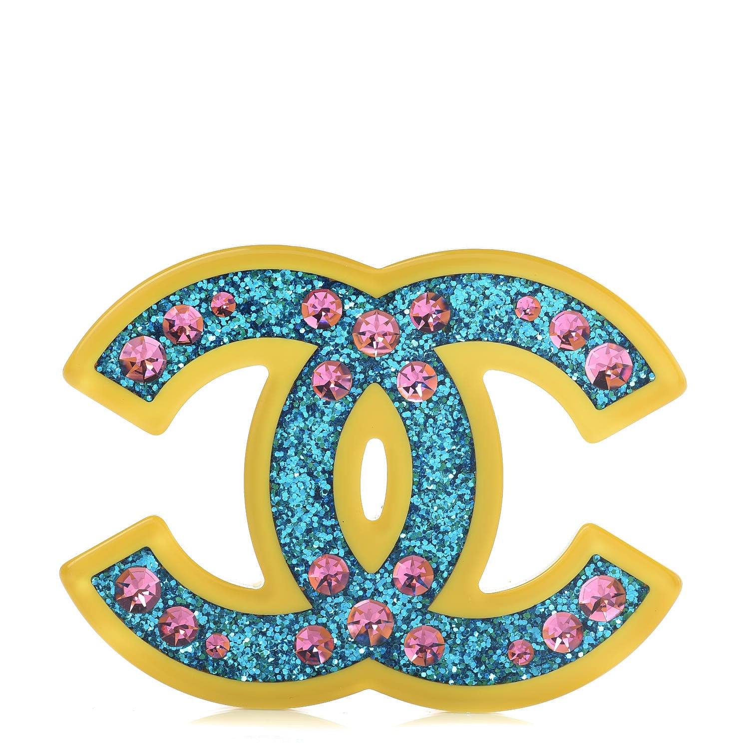 Chanel Resin Glitter Crystal CC Brooch Yellow Blue 1 of 5