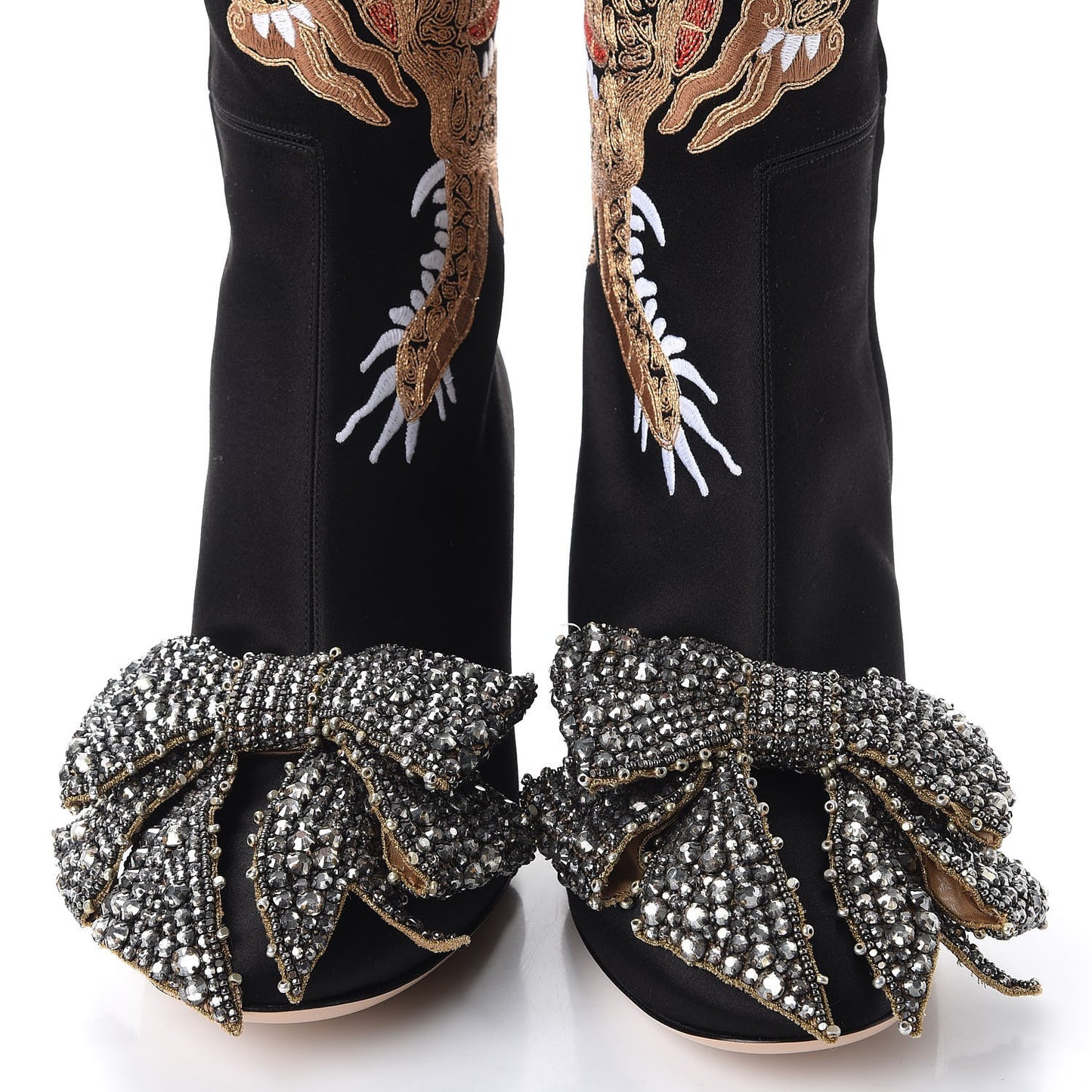 Silk Satin Malaga Kid Embroidered Candy Dragon Block-Heel Knee Boot 40 Nero Black