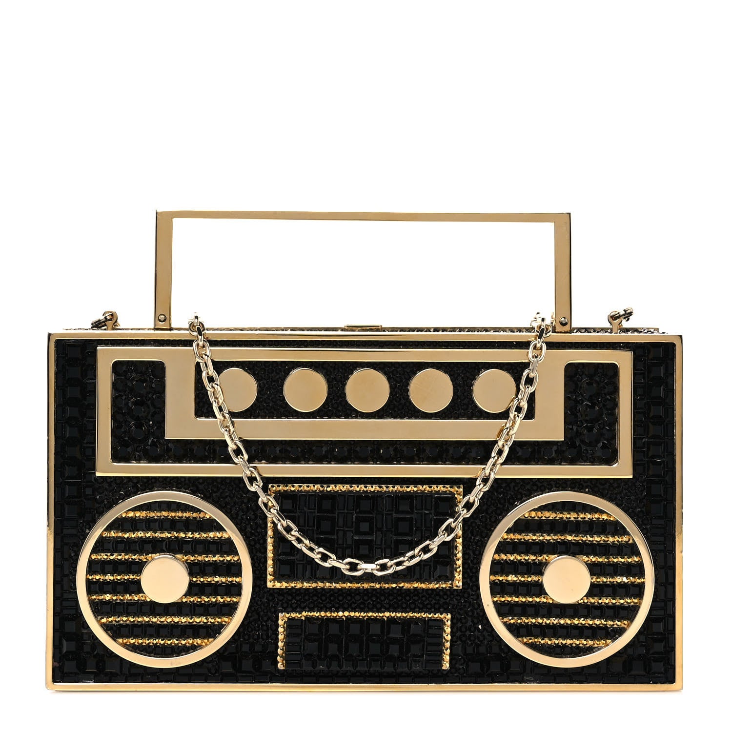 Judith Leiber Crystal Boombox Retro Minaudiere Clutch Gold Black 1 of 9