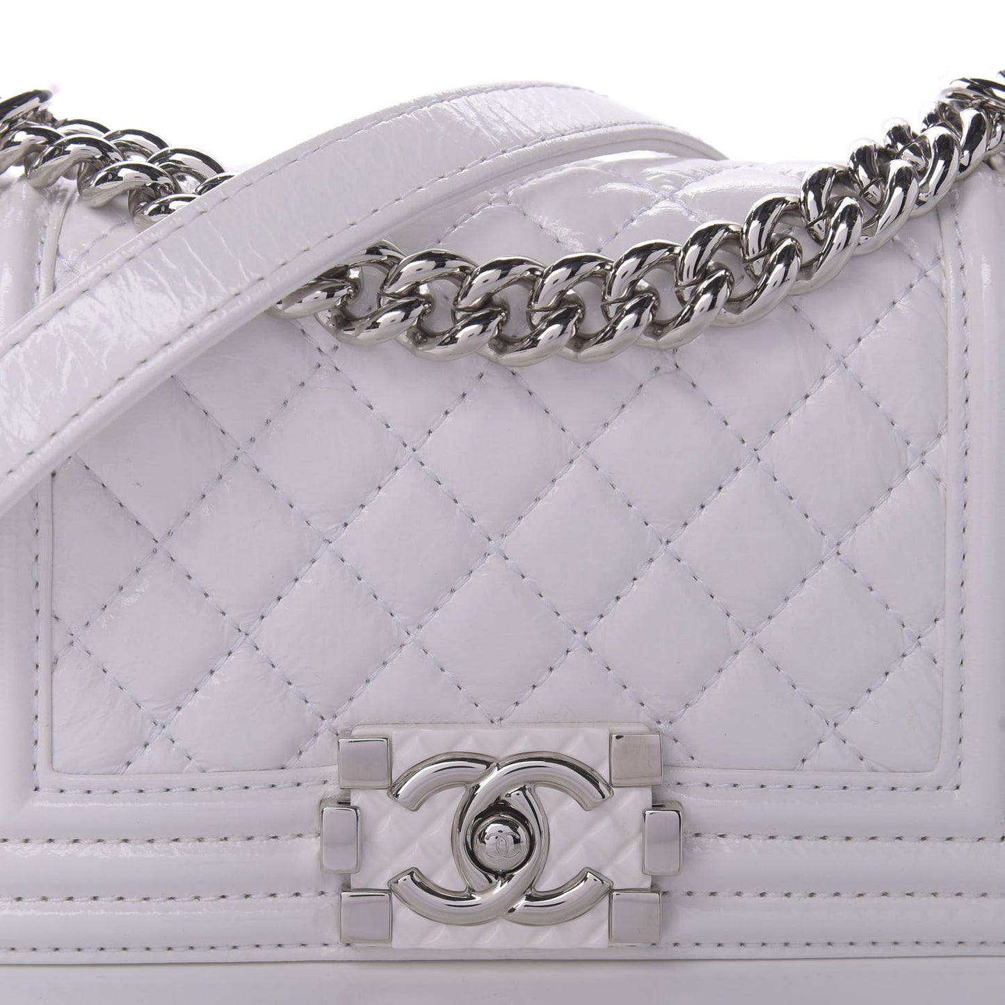 Patent Goatskin Quilted Small Boy Flap White