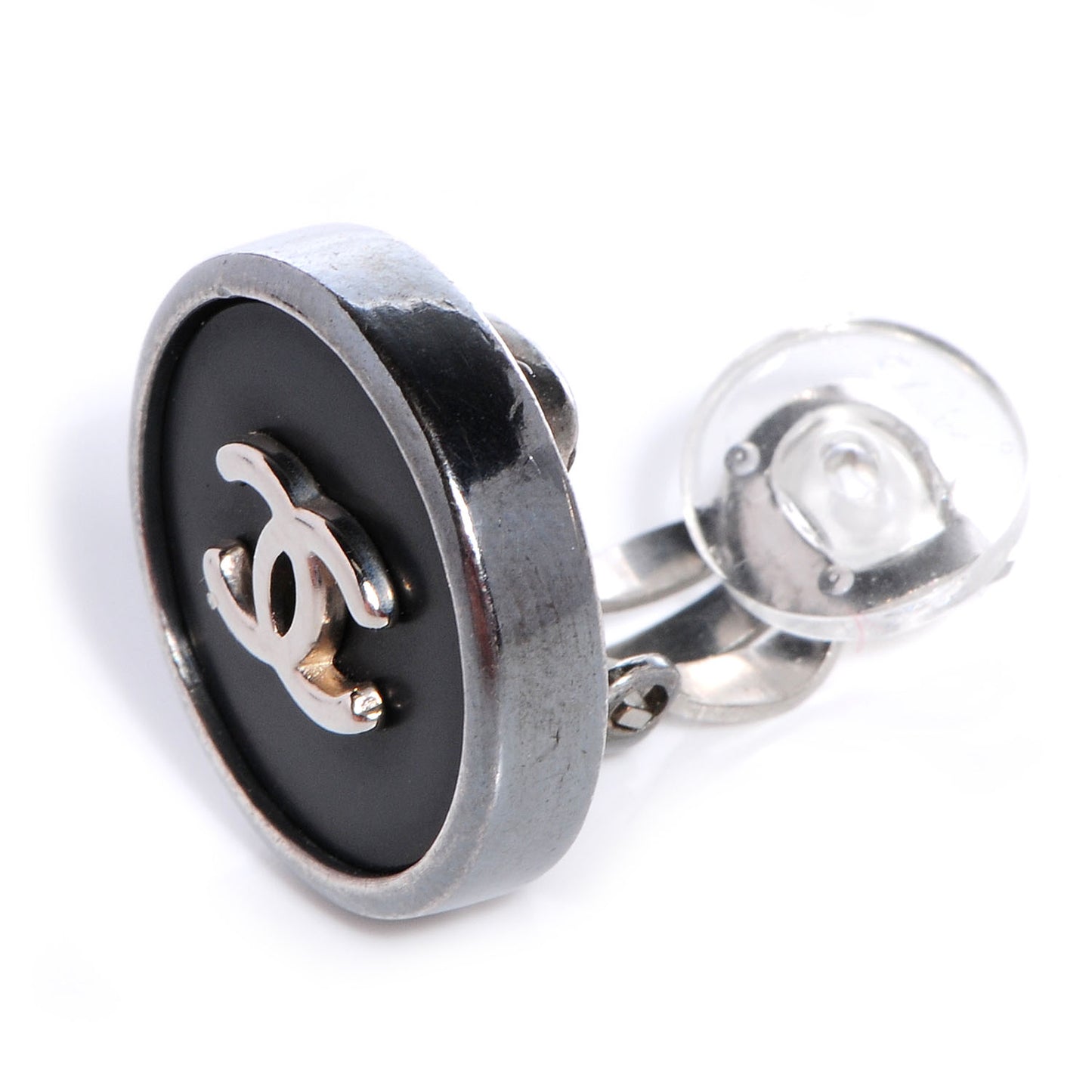 Enamel CC Clip On Earrings Black Silver