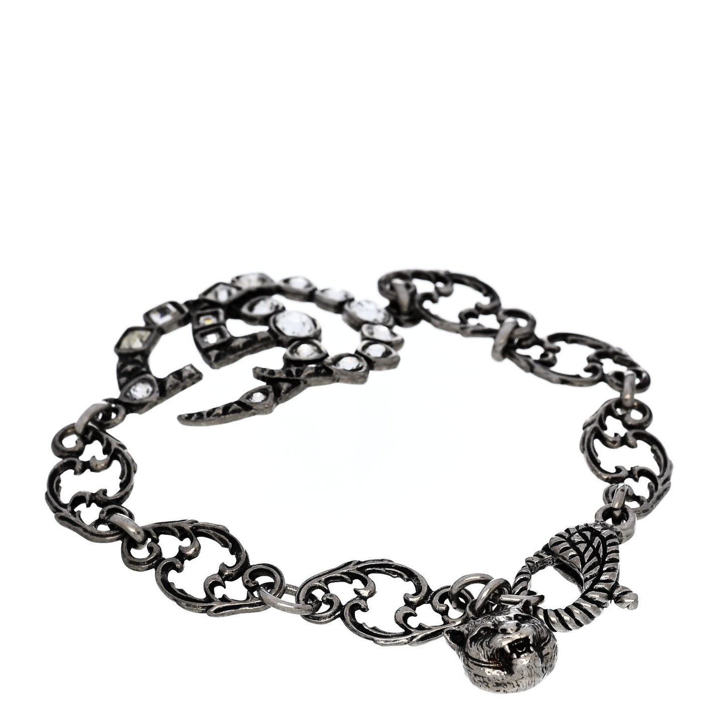 Oxidized Metal Crystal Double G Bracelet Silver