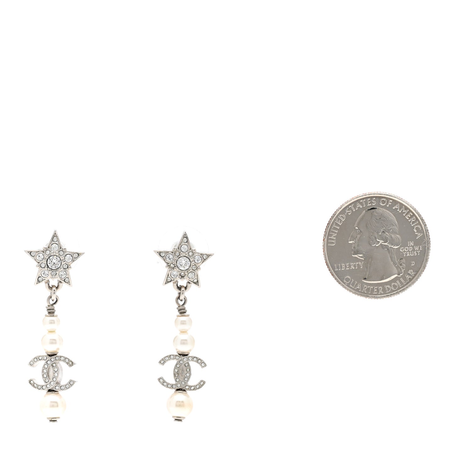 Crystal Pearl CC Star Drop Earrings Silver