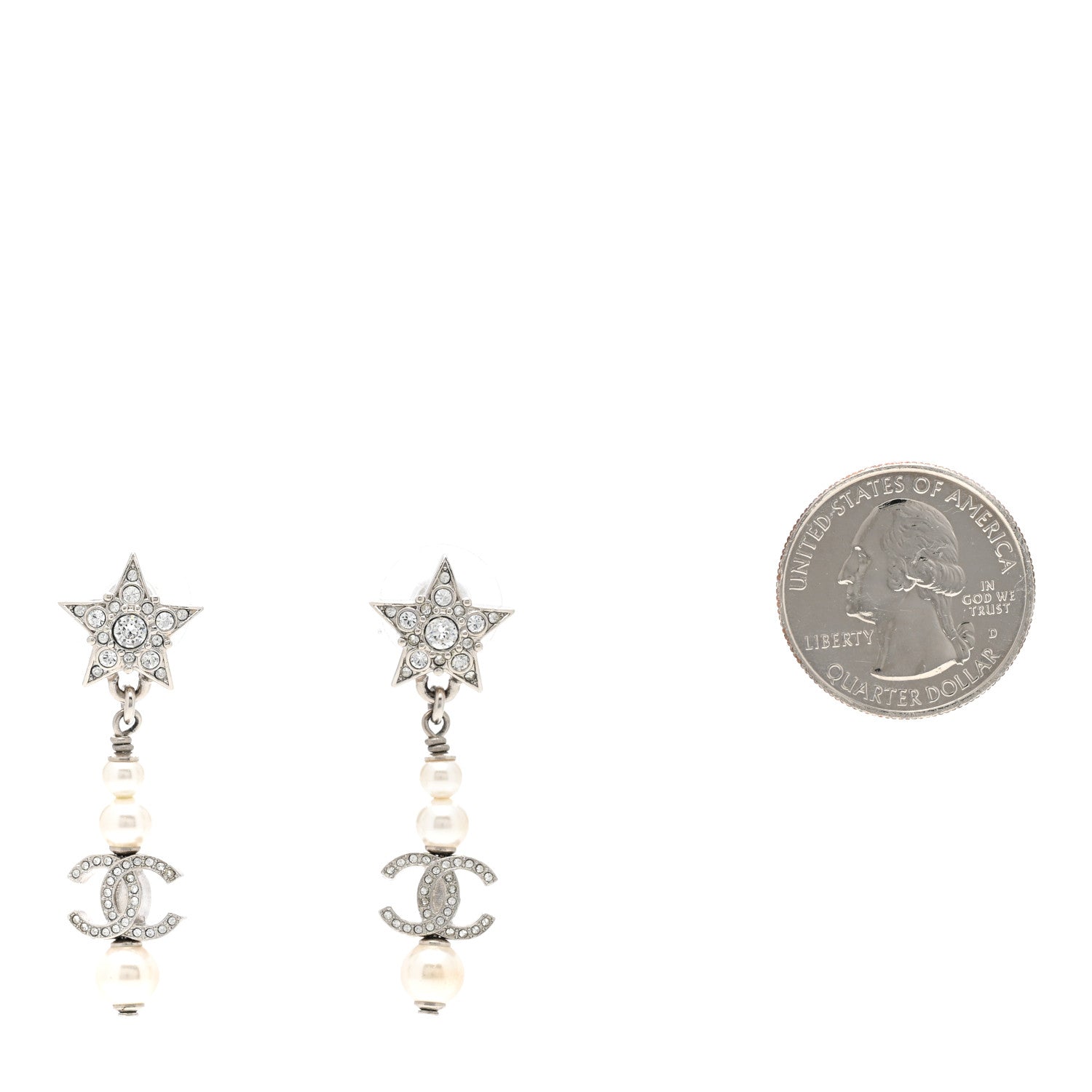 Chanel Crystal Pearl CC Star Drop Earrings Silver 2 of 4