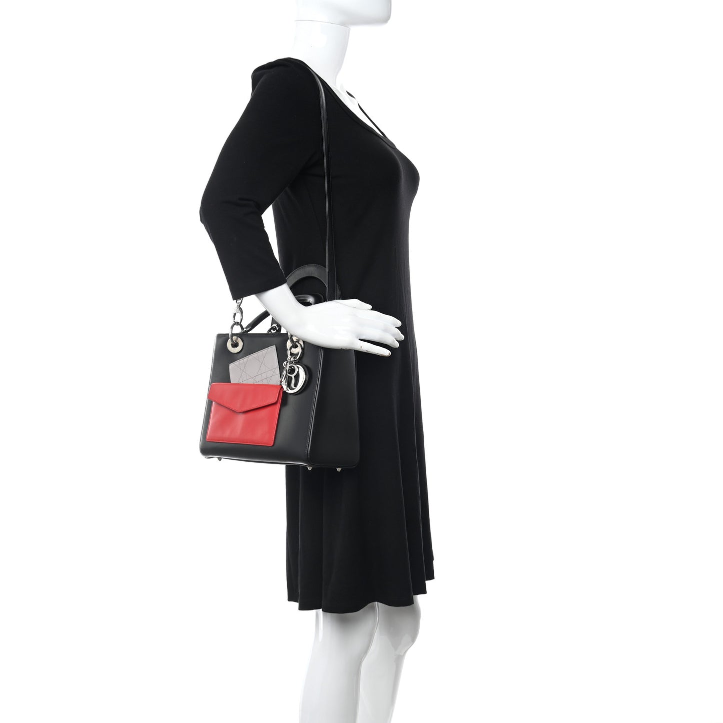 Calfskin Pockets Medium Lady Dior Black Red Grey