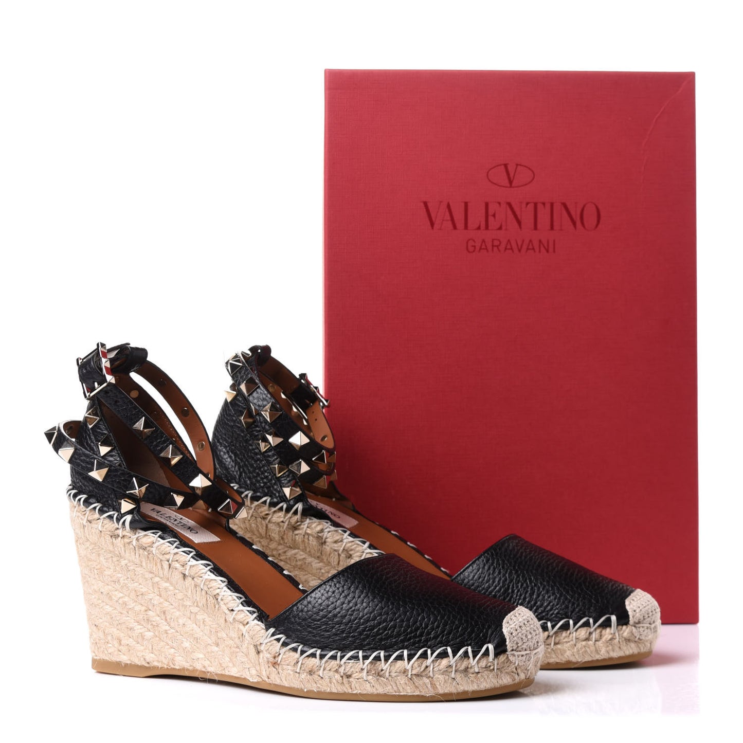 Grained Calfskin Rockstud Ankle Wrap Espadrille 15/85mm Wedges 37 Black Light Cuir