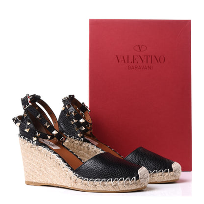 Valentino Garavani Grained Calfskin Rockstud Ankle Wrap Espadrille 15/85mm Wedges 37 Black Light Cuir 10 of 10