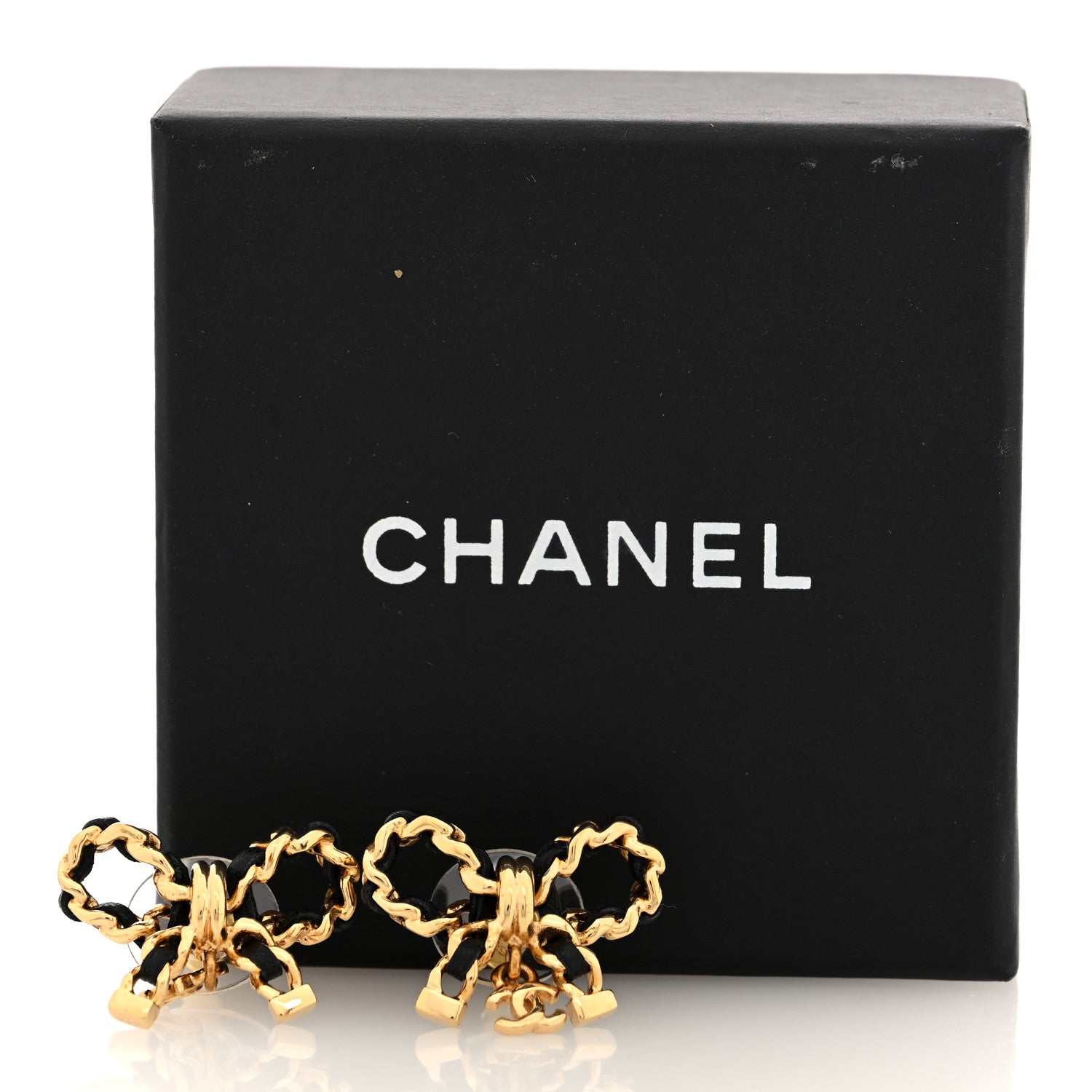 Chanel Lambskin Chain Bow Stud Earrings Black Gold 5 of 5