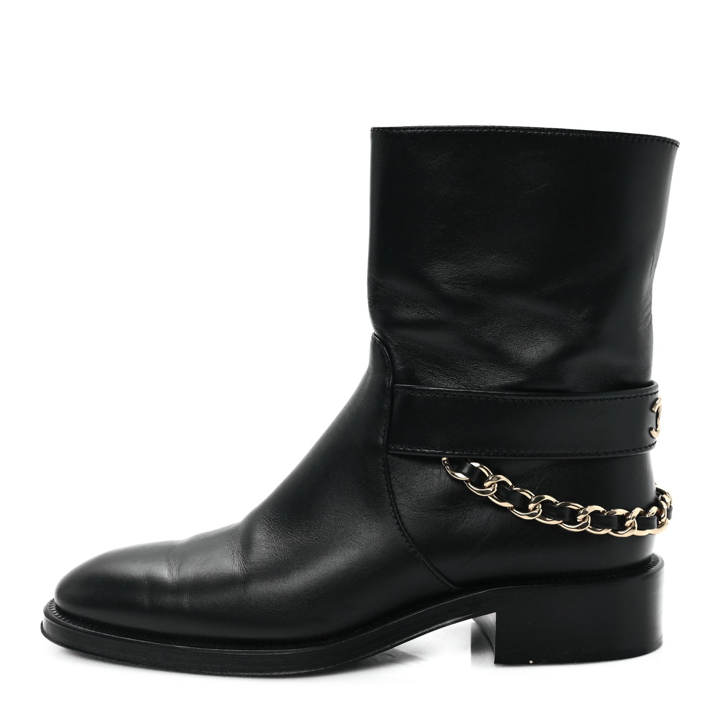 Calfskin Chain Short Boots 37 Black