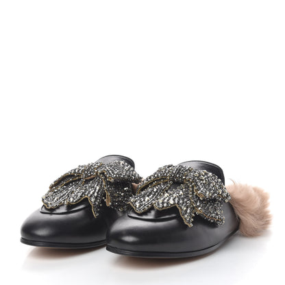 Gucci Malaga Kid Fur Crystal Bow Embroidered Womens Princetown Slippers 39.5 Black 2 of 10
