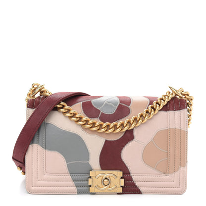 Chanel Lambskin Suede Patchwork Medium Act I Camellia Boy Flap Beige Burgundy Grey 1 of 9