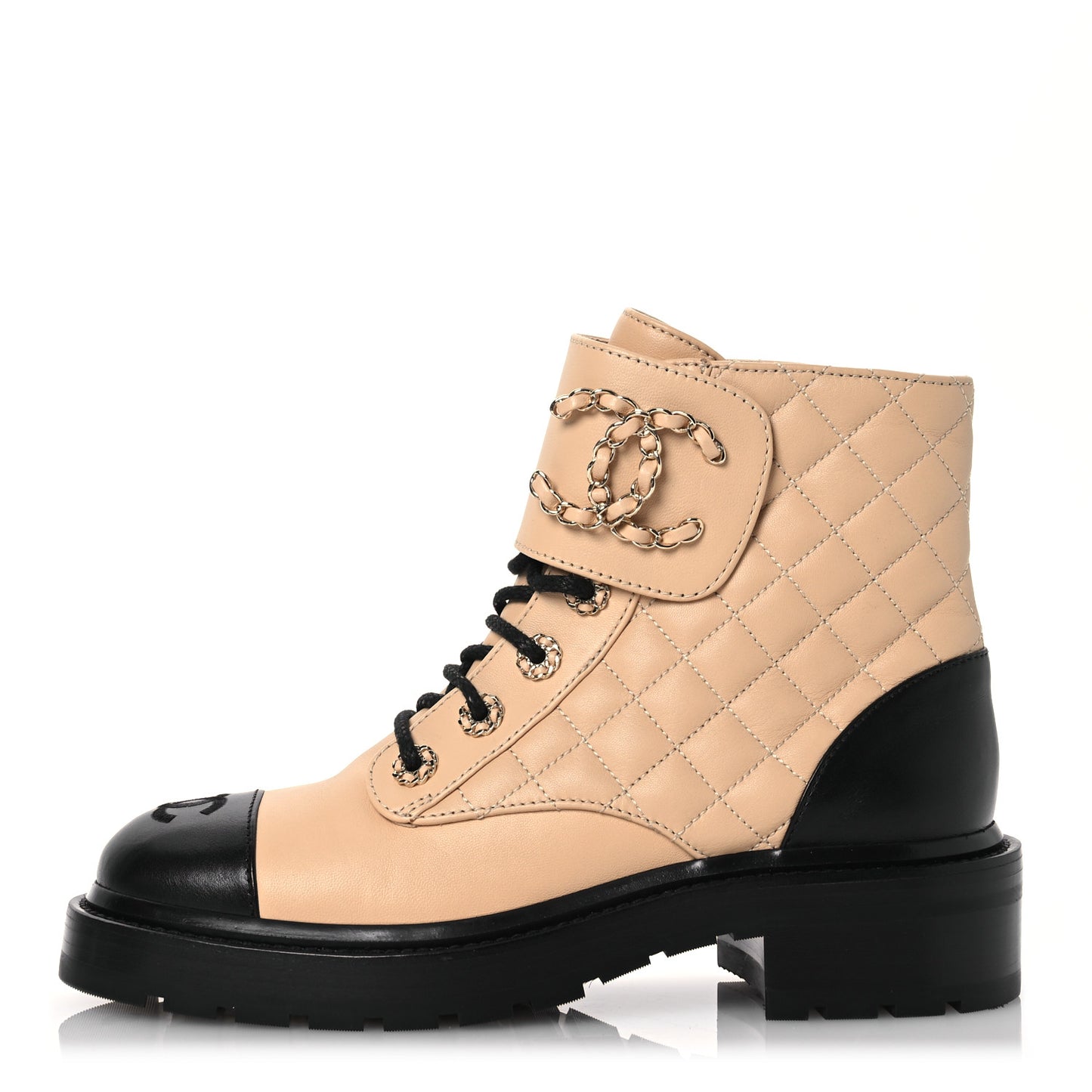 Lambskin Calfskin Quilted Lace Up Combat Boots 37 Beige Black