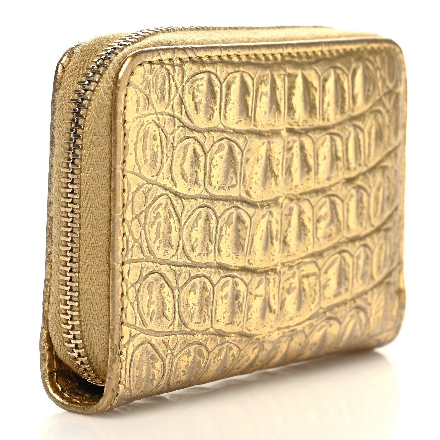 Chanel Metallic Calfskin Crocodile Embossed Cocodile Zip Coin Case Gold 3 of 8