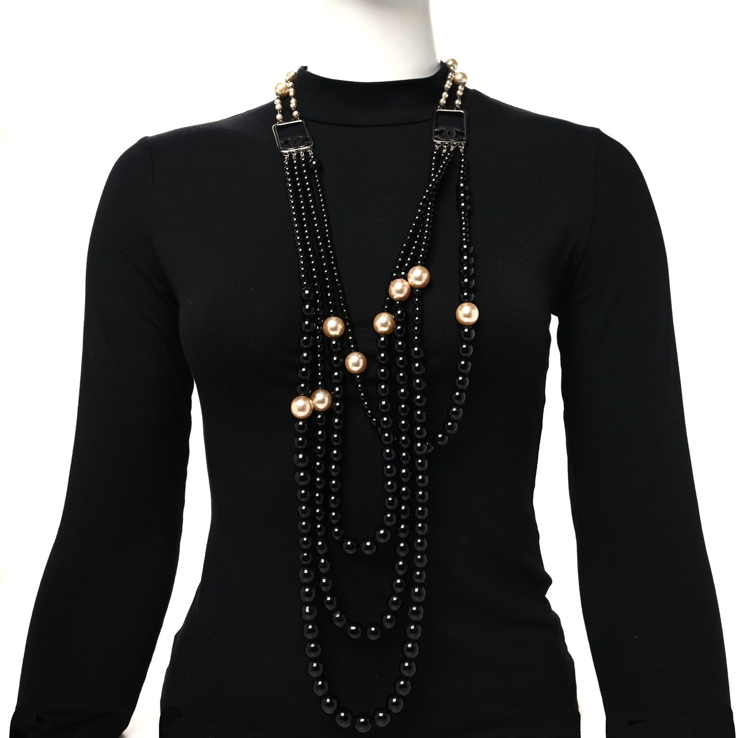 Ruthenium Resin Graduated Beaded Pearl CC Multi Strand Long Necklace Black