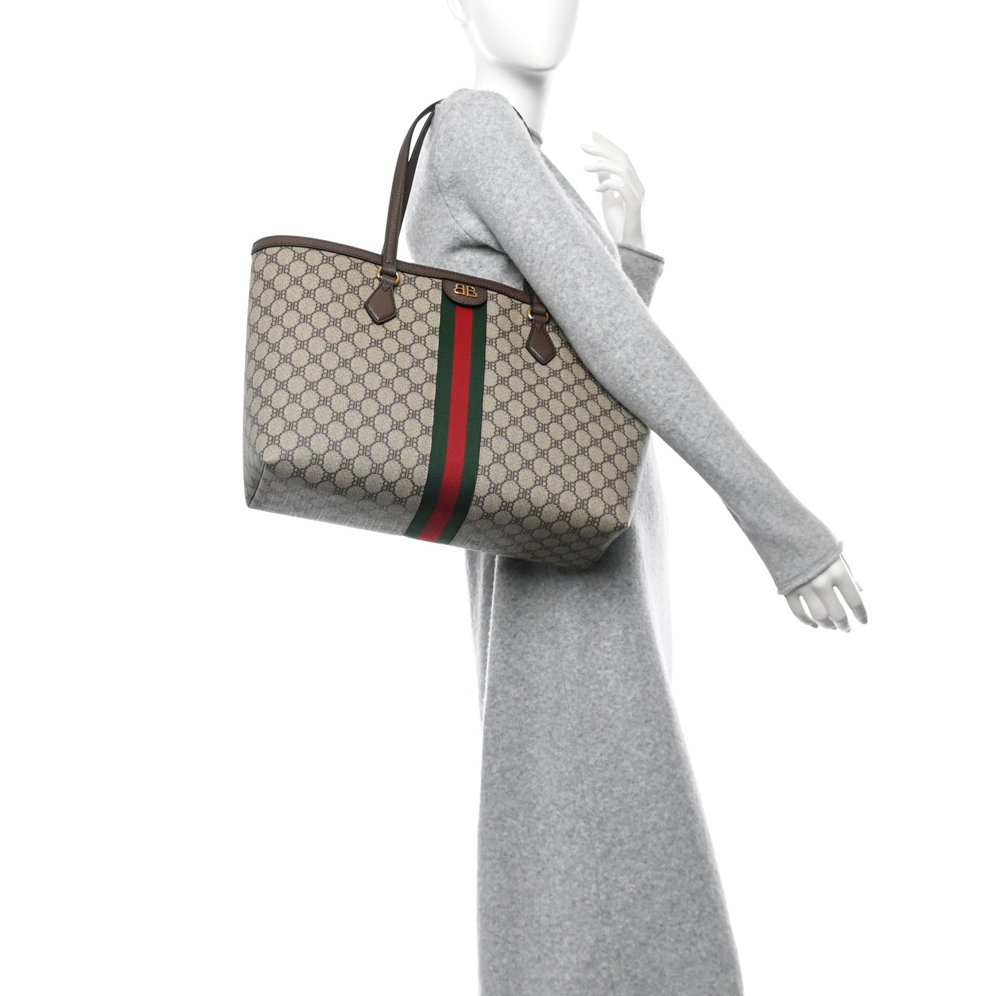 X BALENCIAGA BB Supreme Monogram Web Medium Ophidia Shopping Tote Beige New Acero