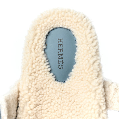 Hermes Suede Goatskin Woolskin Womens Chypre Sandals 39.5 Bleu Pinede Ecru 7 of 8