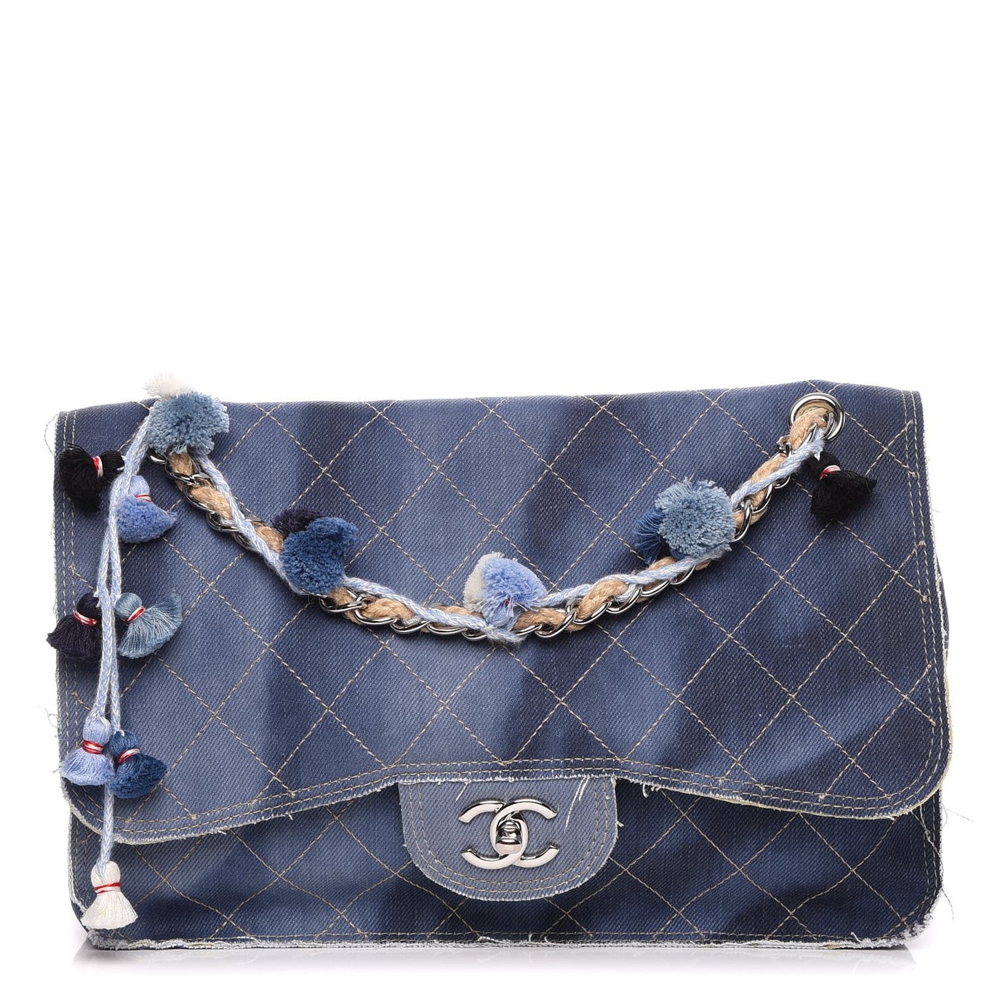 Denim Quilted Jumbo Pompom Flap Dark Blue