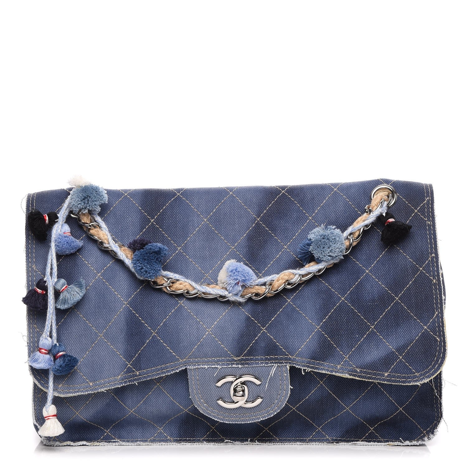 Chanel Denim Quilted Jumbo Pompom Flap Dark Blue 1 of 7
