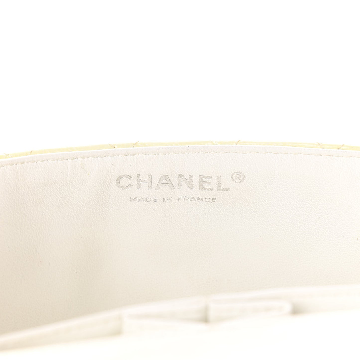 Distressed Patent Calfskin Quilted East West Flap Clutch Ivory