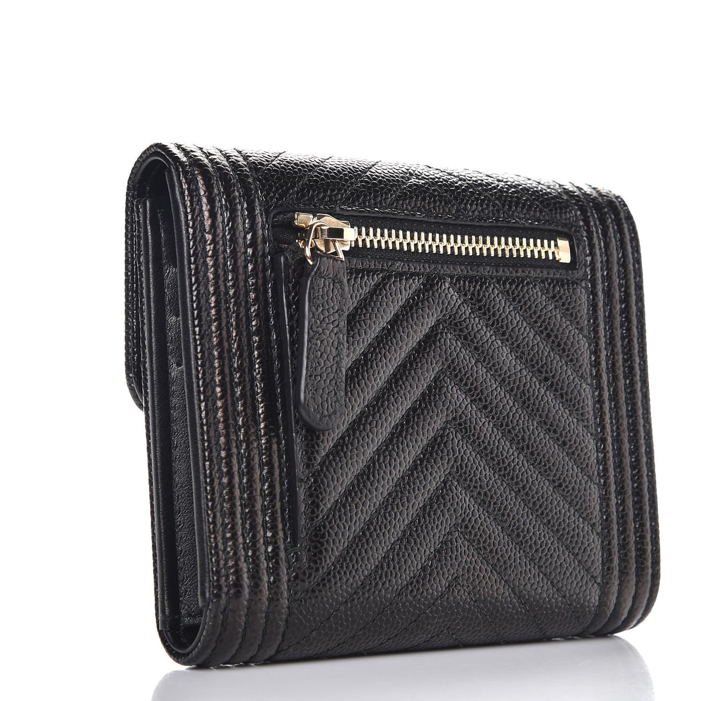 Caviar Chevron Quilted Boy Compact Wallet Black