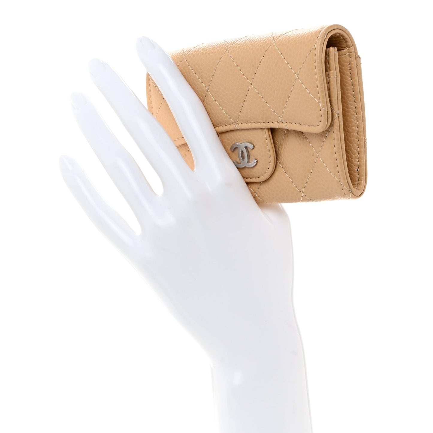 Caviar Quilted Flap Card Holder Wallet Beige