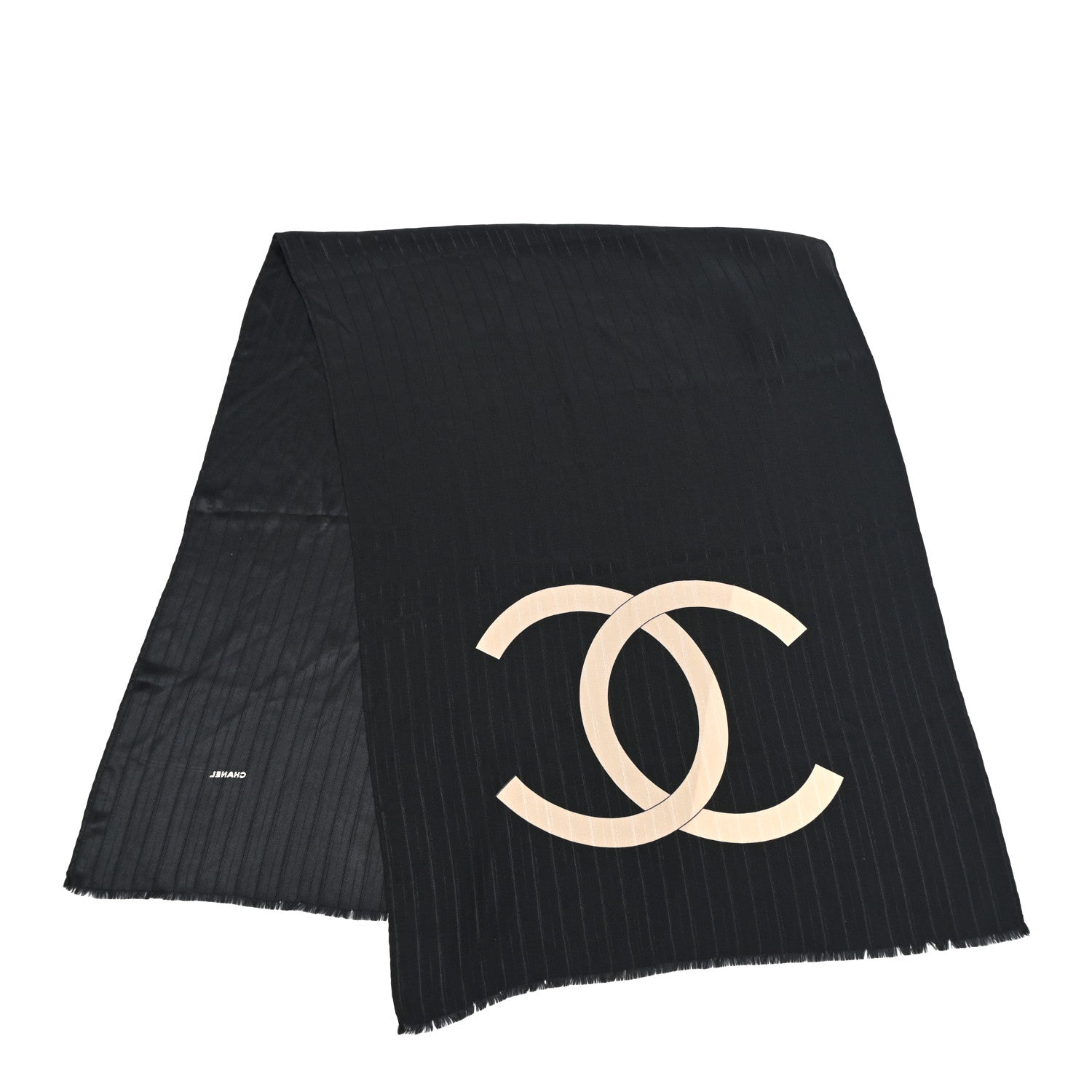 Chanel Cashmere Silk CC Logo Scarf Shawl Black Beige 2 of 4