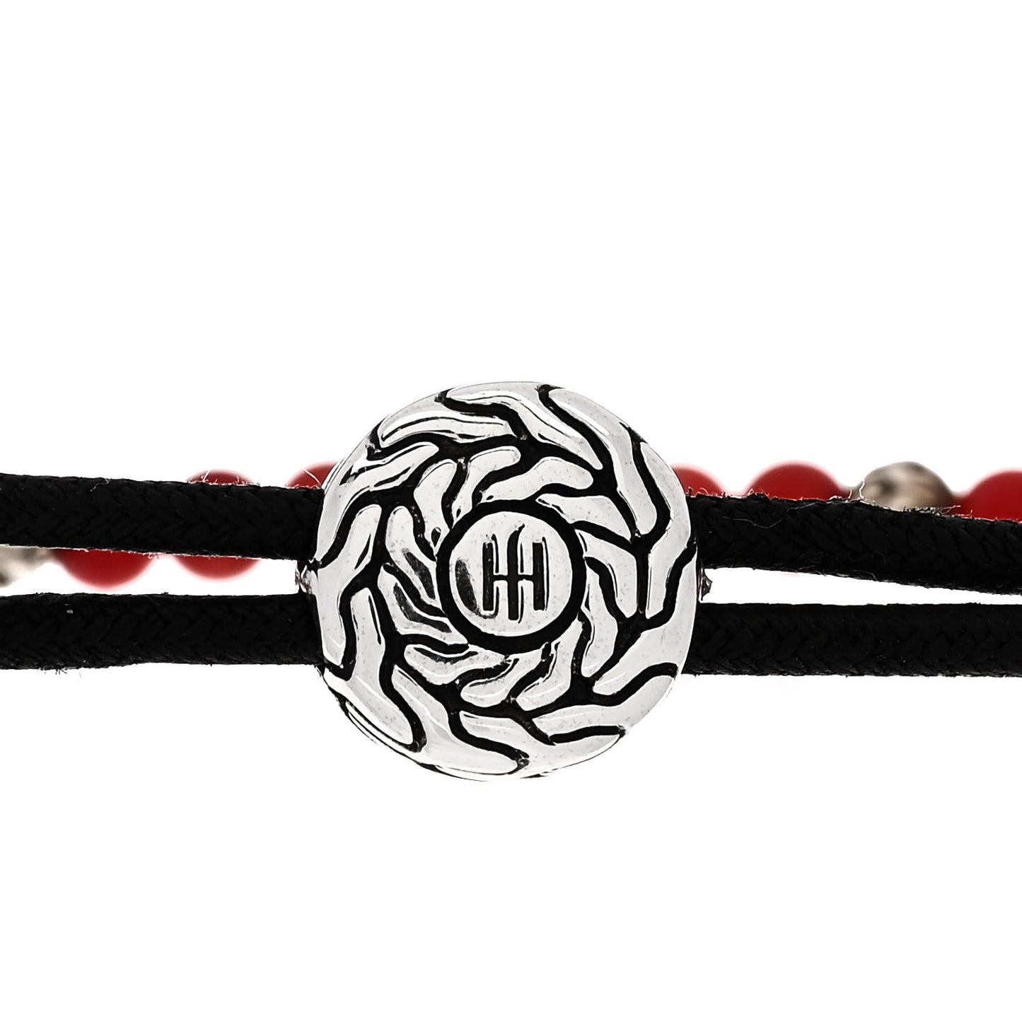 Sterling Silver Red Coral Classic Chain Bead Cord Bracelet Black