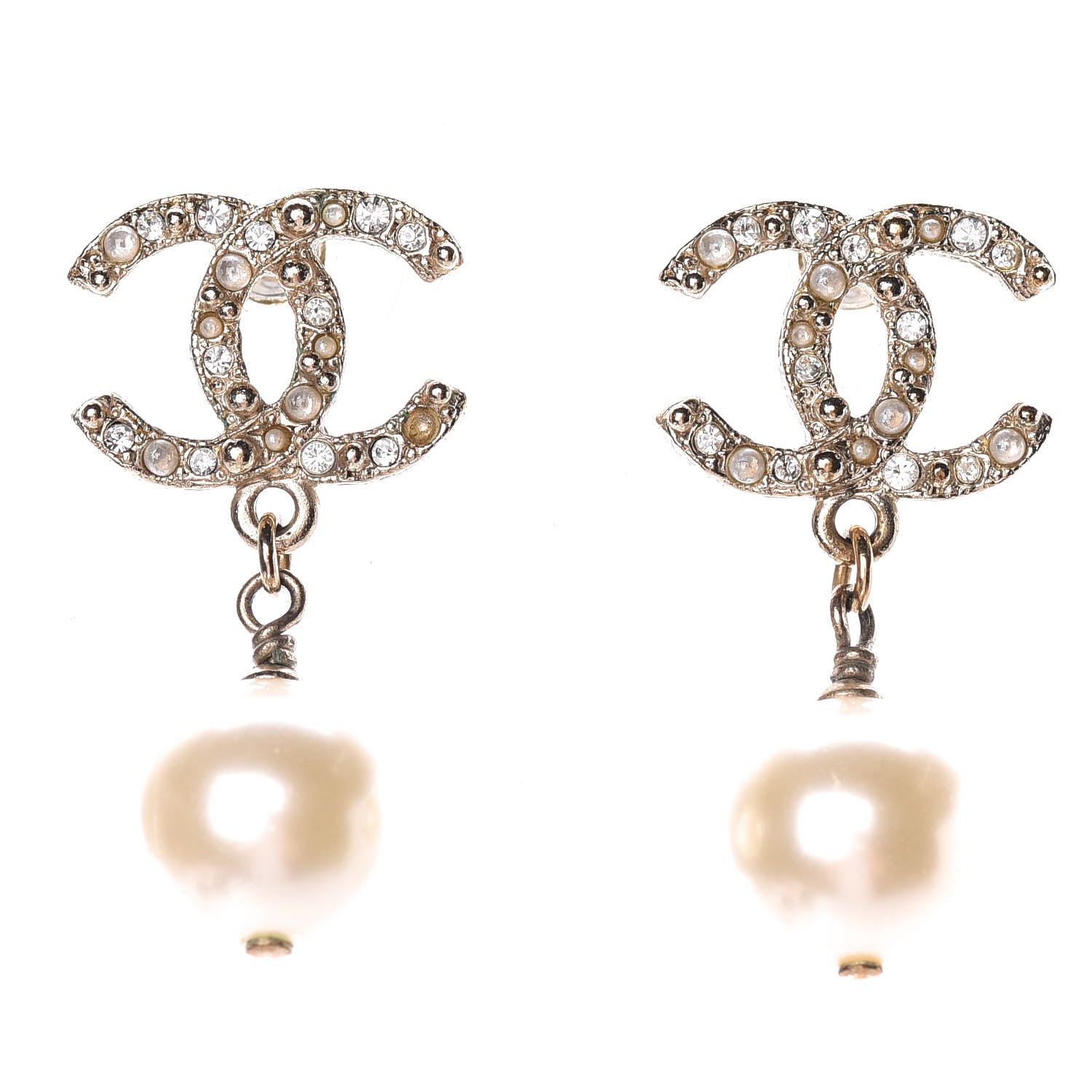 Chanel Crystal Pearl CC Drop Earrings Gold 1 of 4