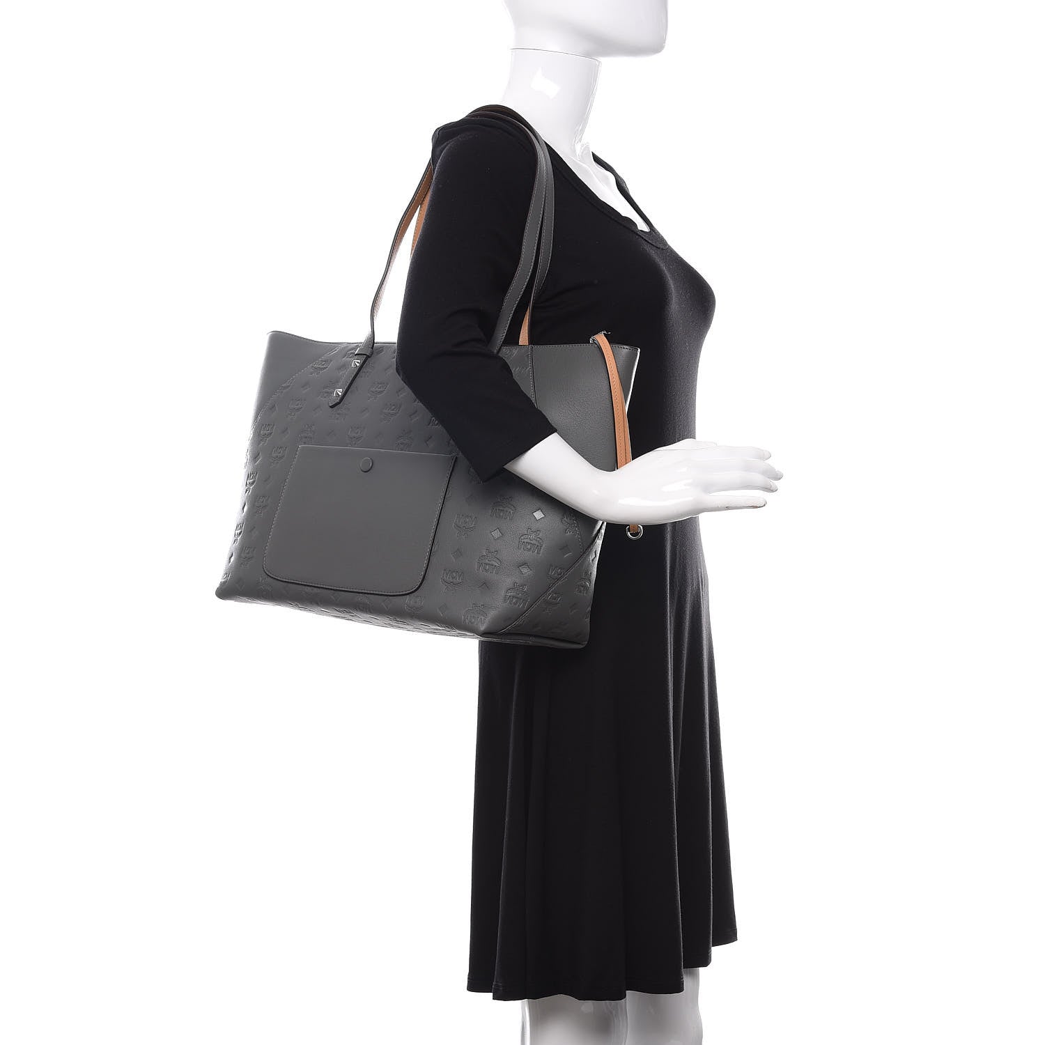 MCM Calfskin Ottomar Monogram Medium Klara Top Zip Tote Charcoal 2 of 10
