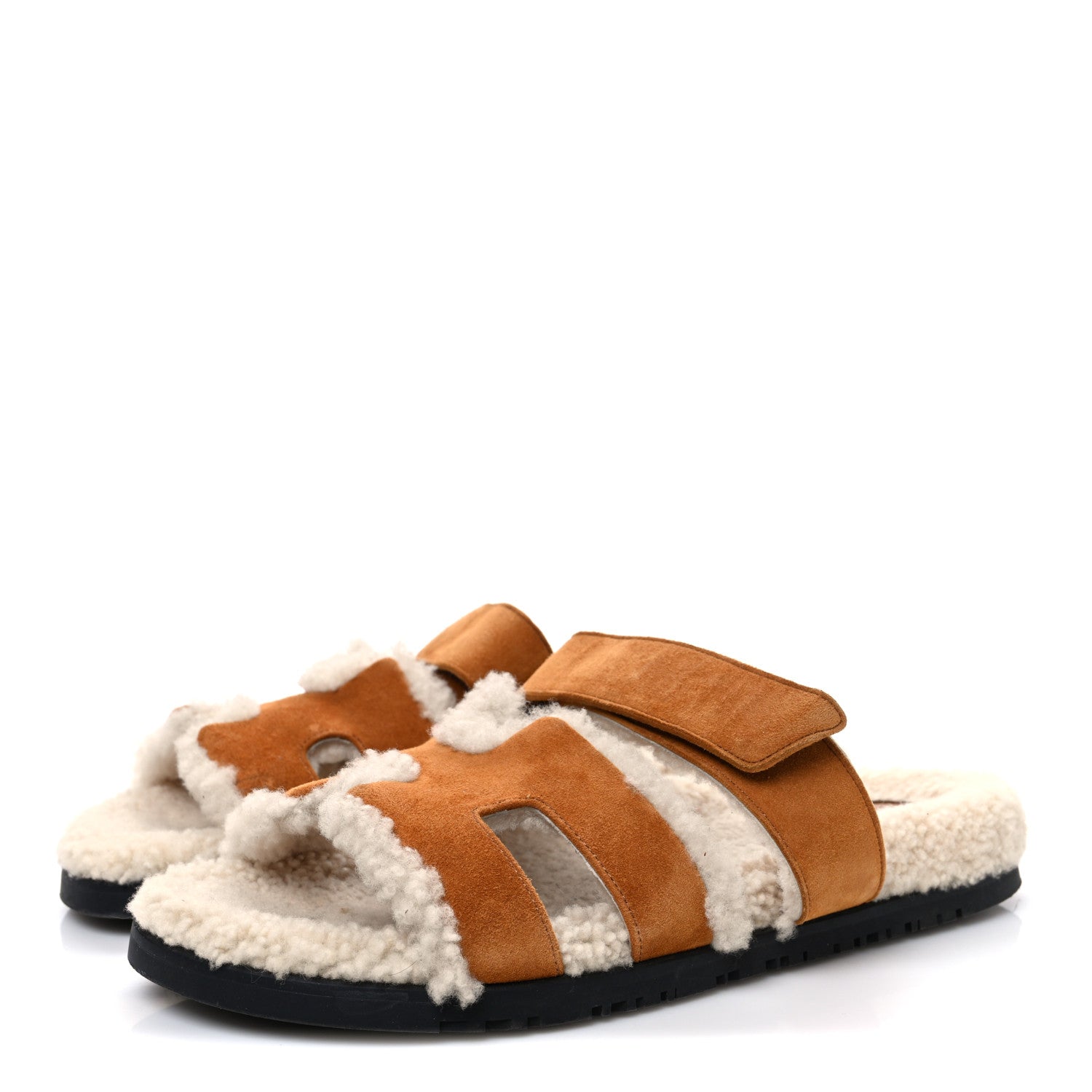 Hermes Suede Goatskin Woolskin Womens Chypre Sandals 39.5 Brun Fume Ecru 4 of 10