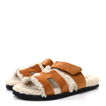 Hermes Suede Goatskin Woolskin Womens Chypre Sandals 39.5 Brun Fume Ecru 4 of 10