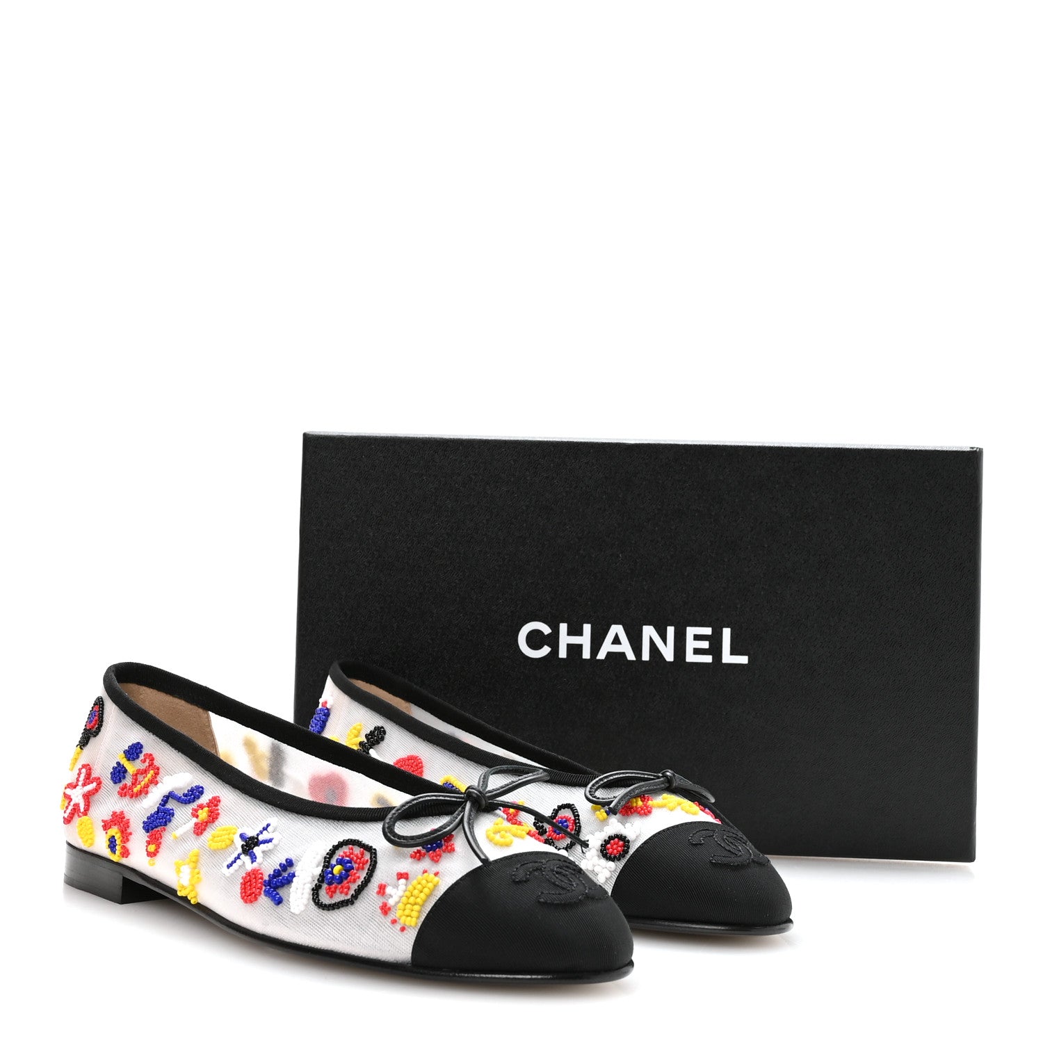 Chanel Mesh Pearl Grosgrain Cap Toe CC Coco Beach Ballerina Flats 39 Multicolor Black 8 of 8