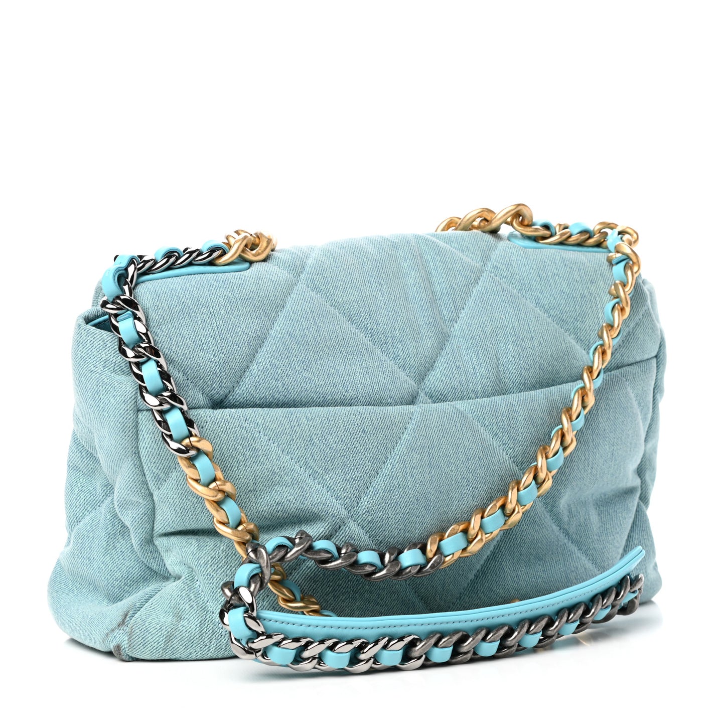 Denim Quilted Large Chanel 19 Flap Neon Blue