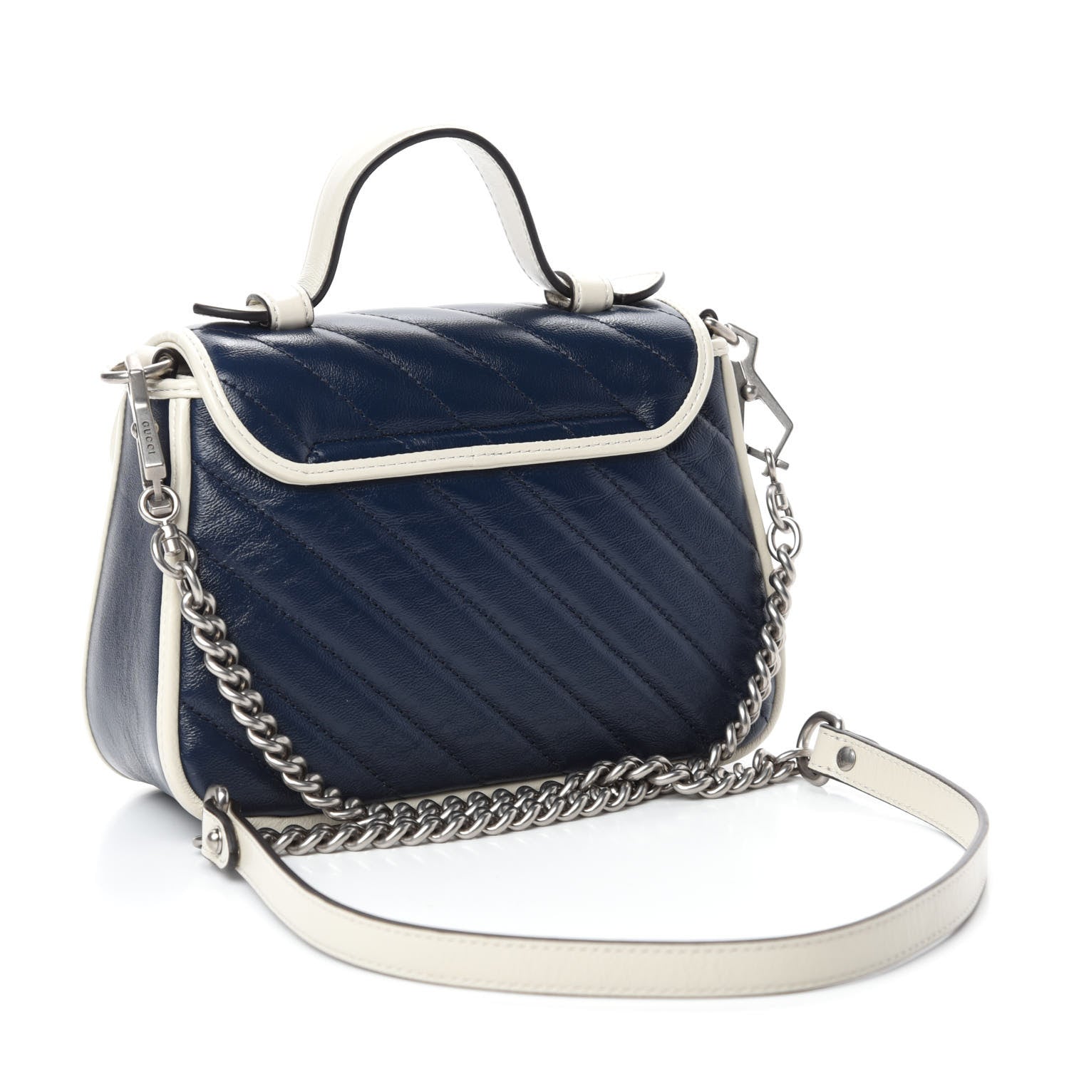 Gucci Vintage Effect Calfskin Matelasse Diagonal Mini Torchon GG Marmont Top Handle Shoulder Bag Blue Agata Mystic White 3 of 10